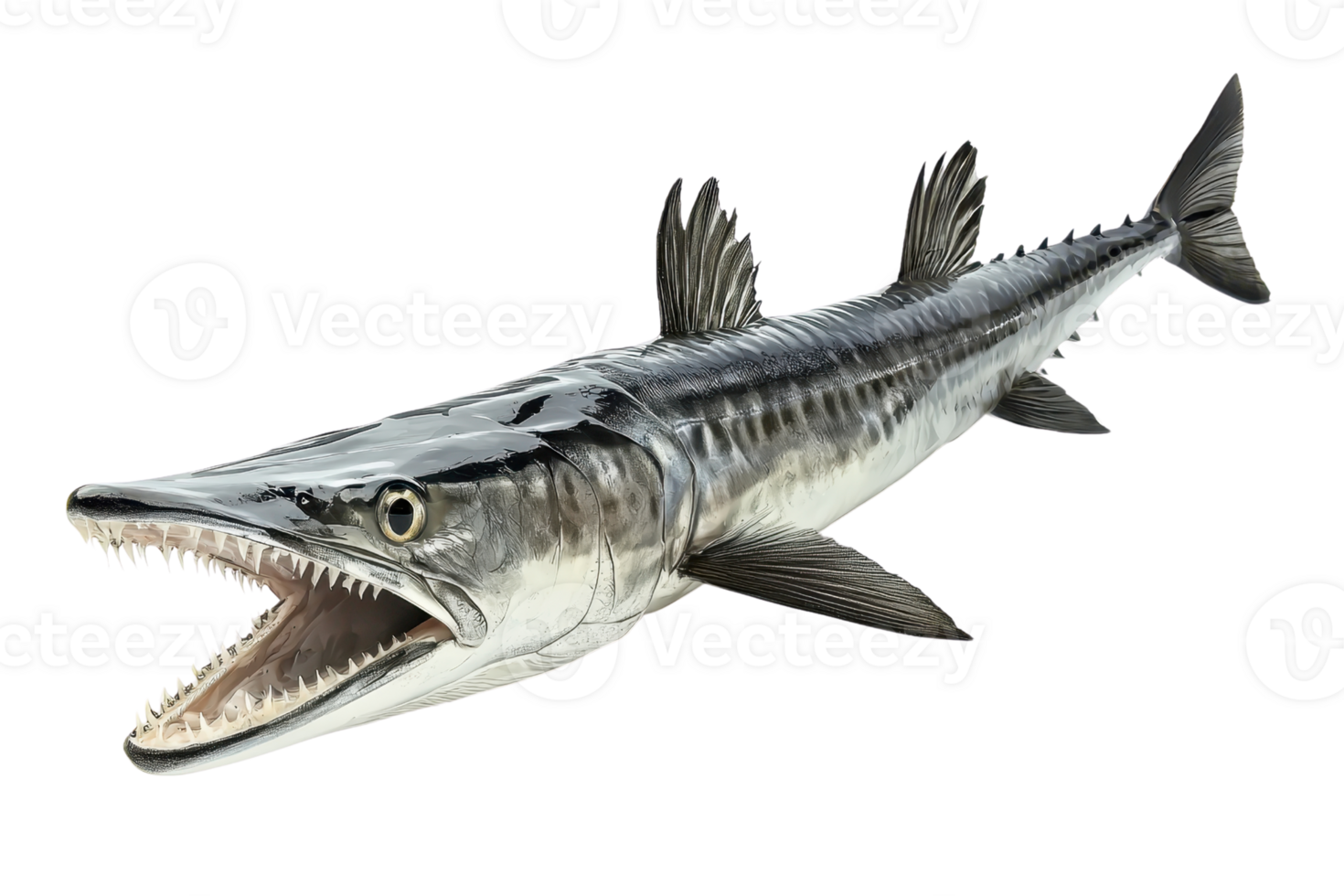 A detailed depiction of a barracuda displaying its sharp teeth and streamlined body, showcasing its predatory nature. png