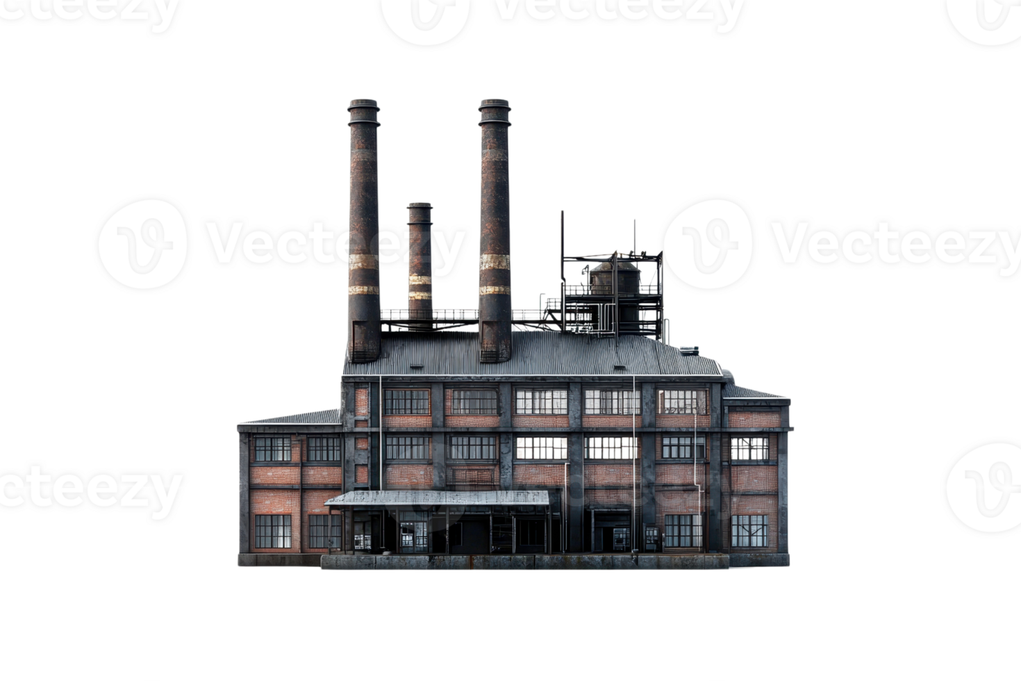A large industrial building with smokestacks, featuring a mix of windows and a metallic structure, indicative of an older manufacturing plant. png