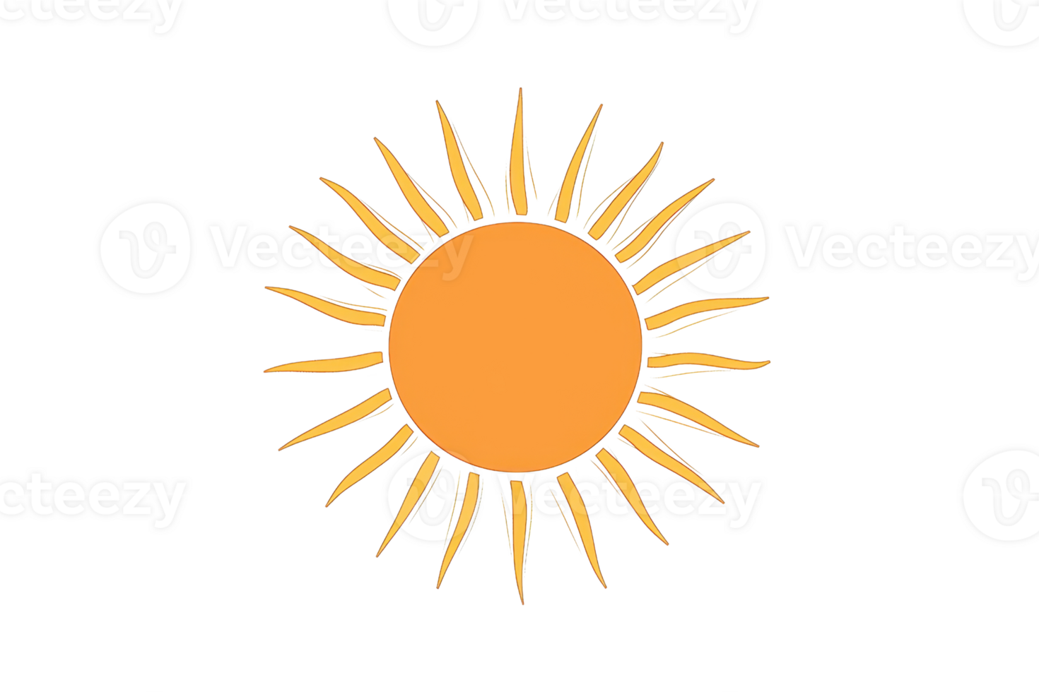 A stylized sun symbol with a bright orange center and elongated yellow rays radiating outward. png