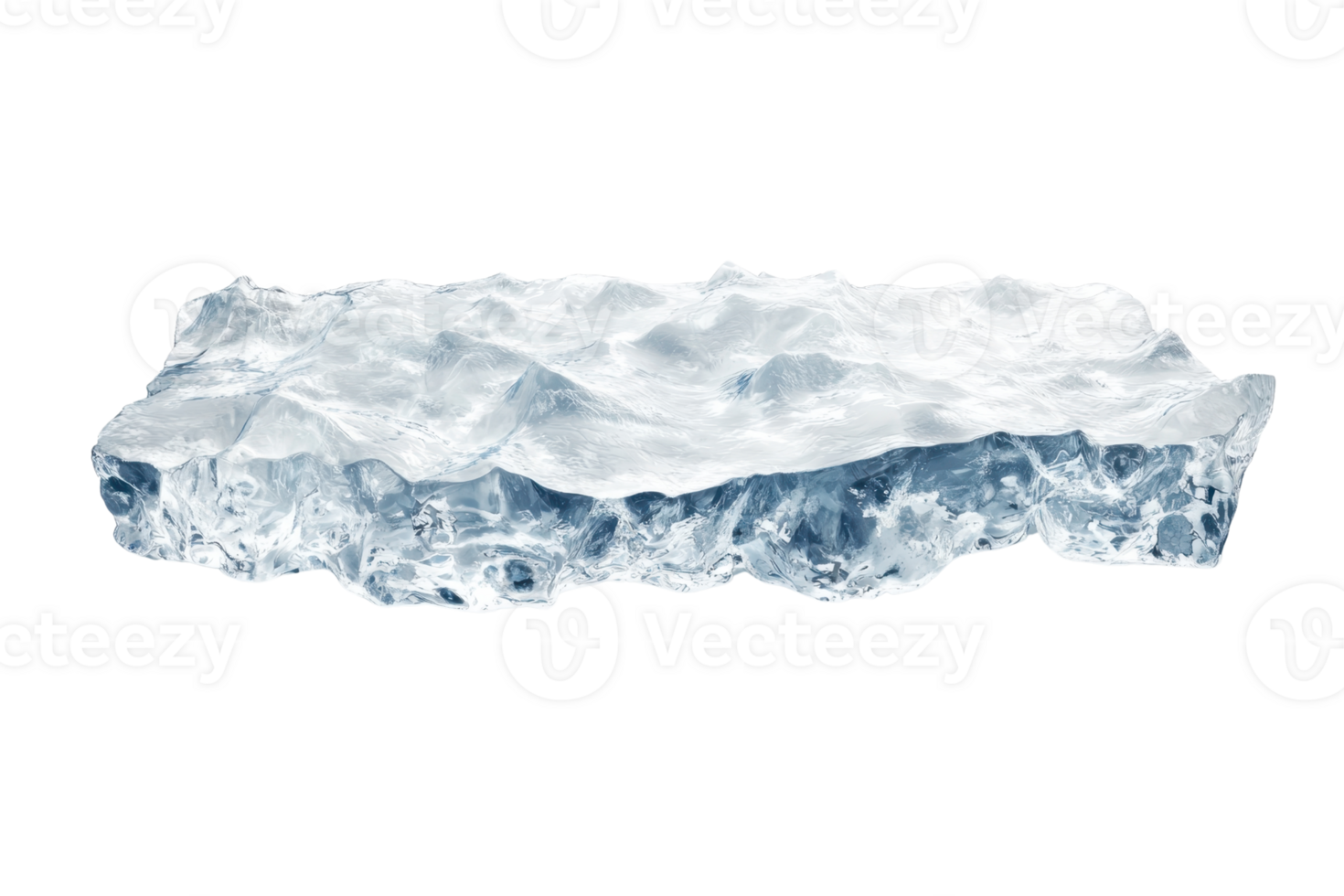 A clear, sculpted ice block with jagged edges and a glossy surface, showcasing a natural crystalline structure. png