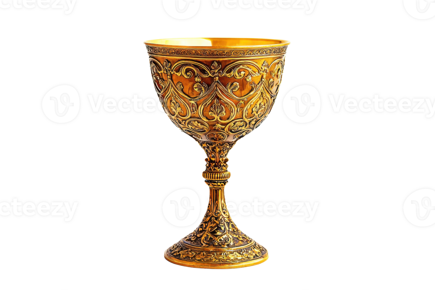 An ornate golden chalice featuring intricate designs and a slender stem. png