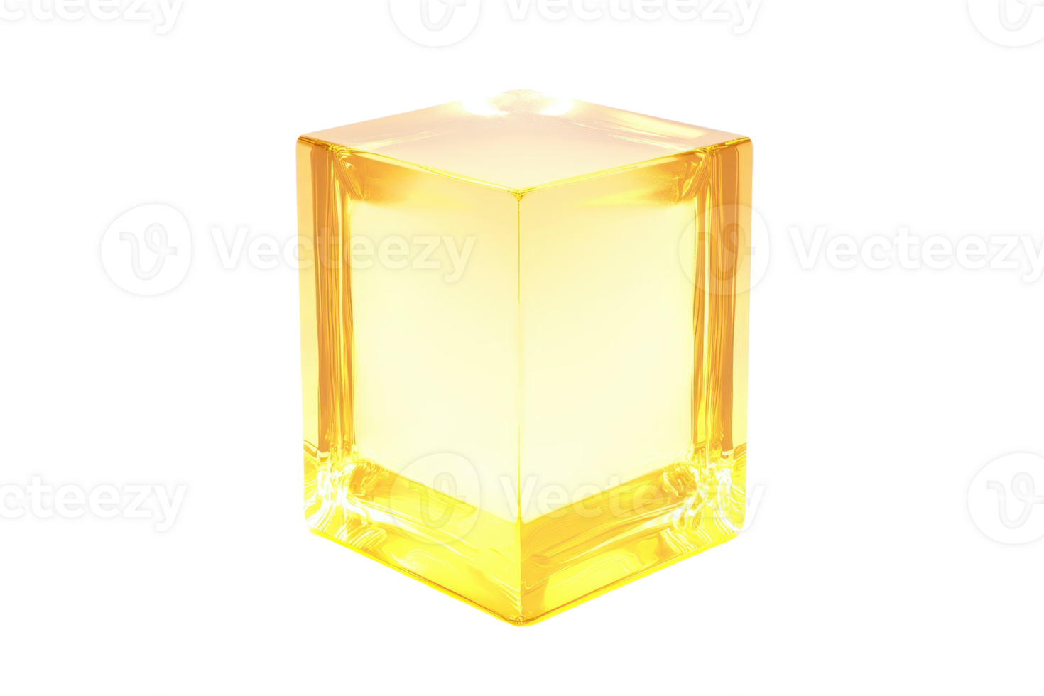 A glowing yellow cube emits a warm light, showcasing its geometric shape and smooth surface. png