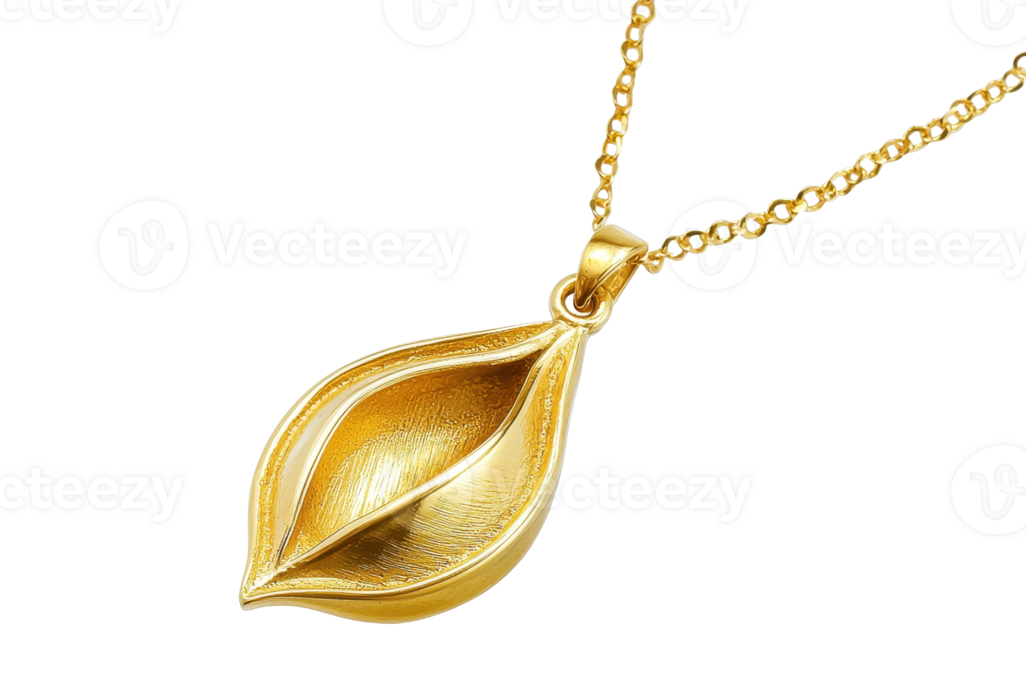 A golden pendant in a unique leaf shape, elegantly suspended from a delicate chain, showcasing intricate design and shine. png
