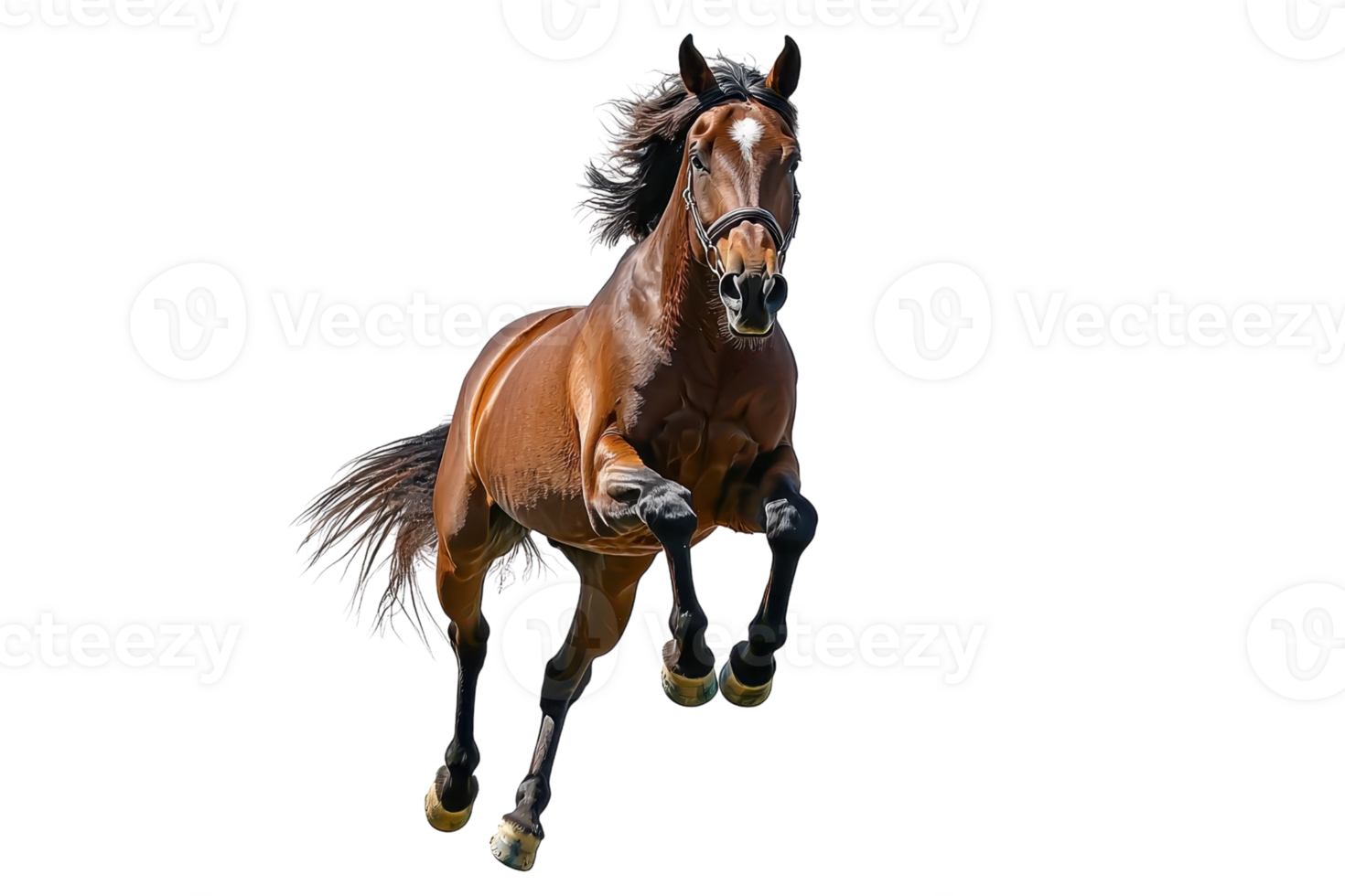 A powerful brown horse leaps energetically, showcasing its strength and agility in motion. png