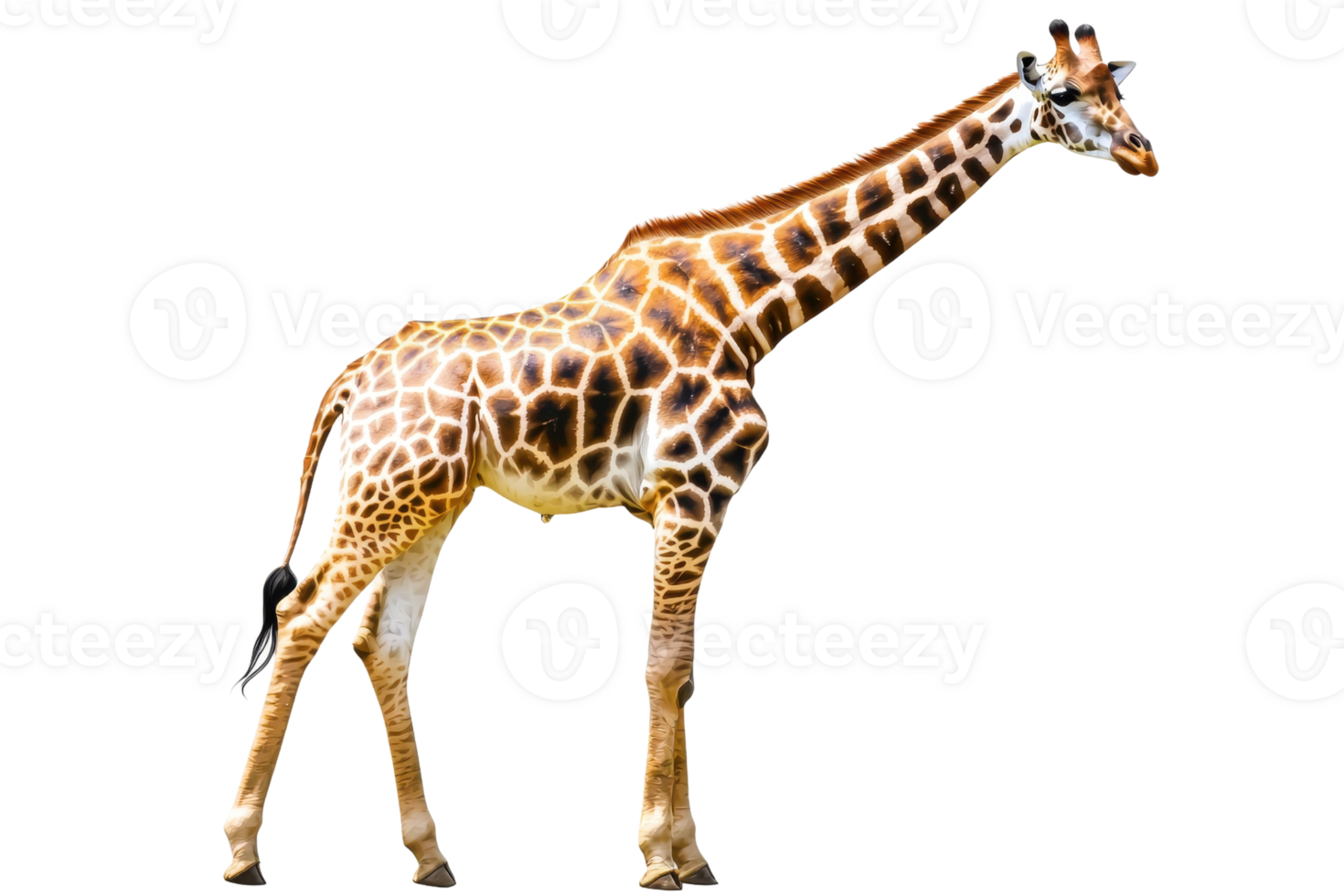 A tall giraffe with distinctive spotted fur stands gracefully, showcasing its long neck and slender legs. png
