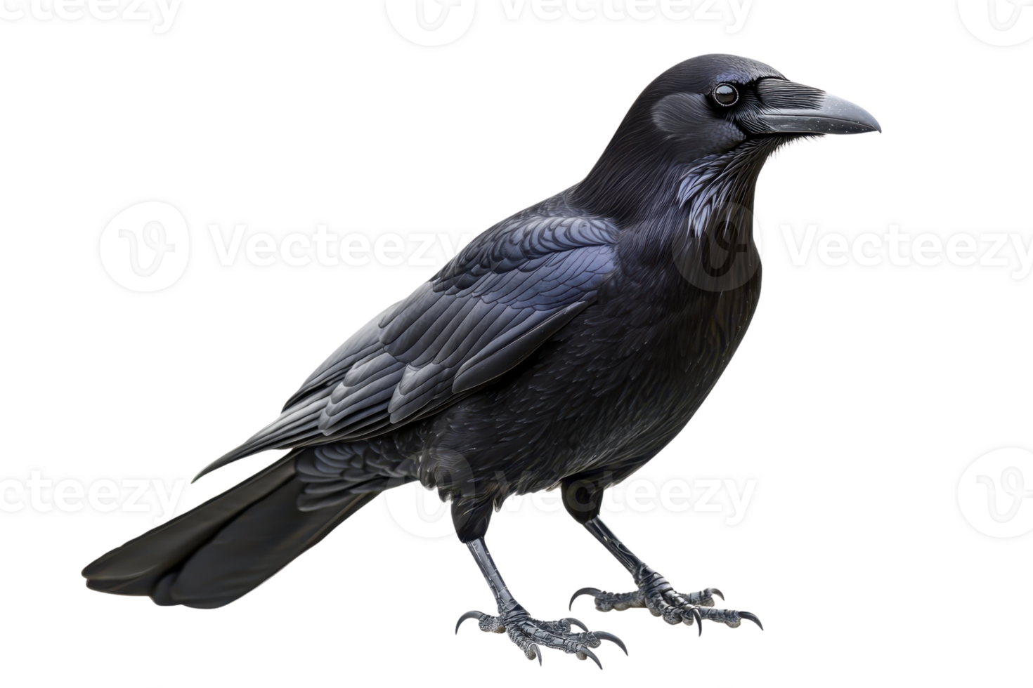 A detailed, black raven with a sleek body and sharp beak, showcasing its distinctive feathers and alert posture. png