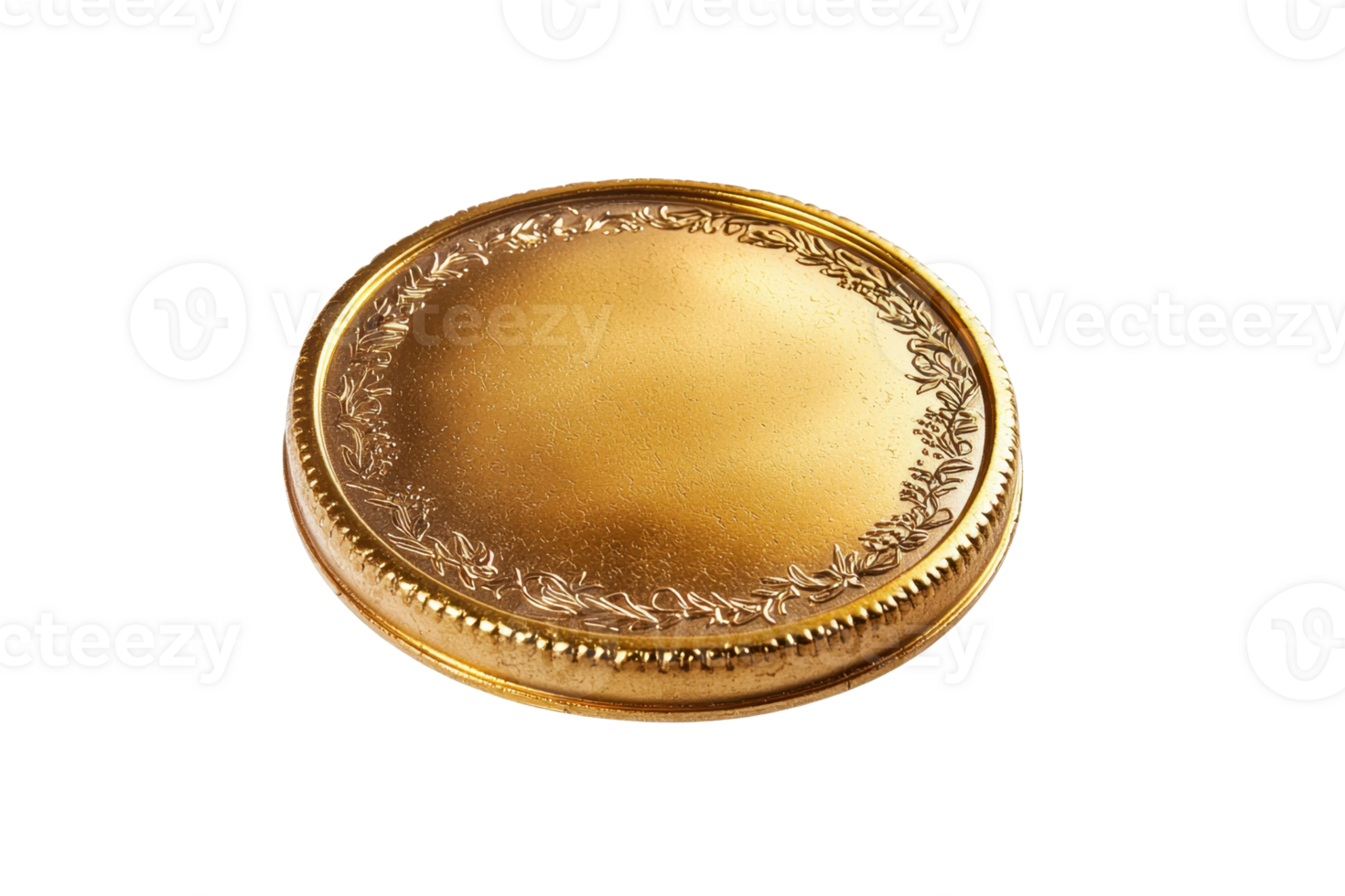 A gleaming, ornate gold coin with intricate detailing around the edges. png