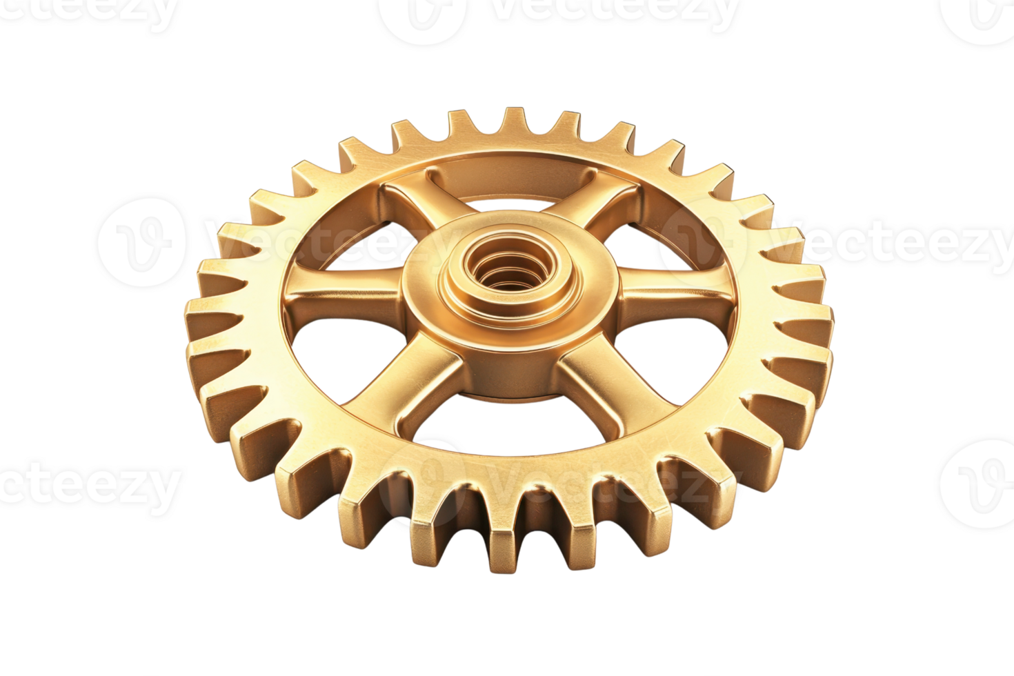 A golden gear with multiple teeth and a central hub, showcasing intricate detailing and robust design. png