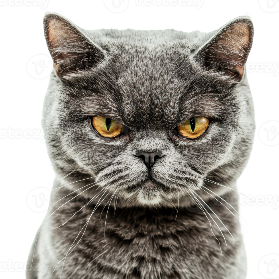 A gray cat with striking yellow eyes and a serious expression. png