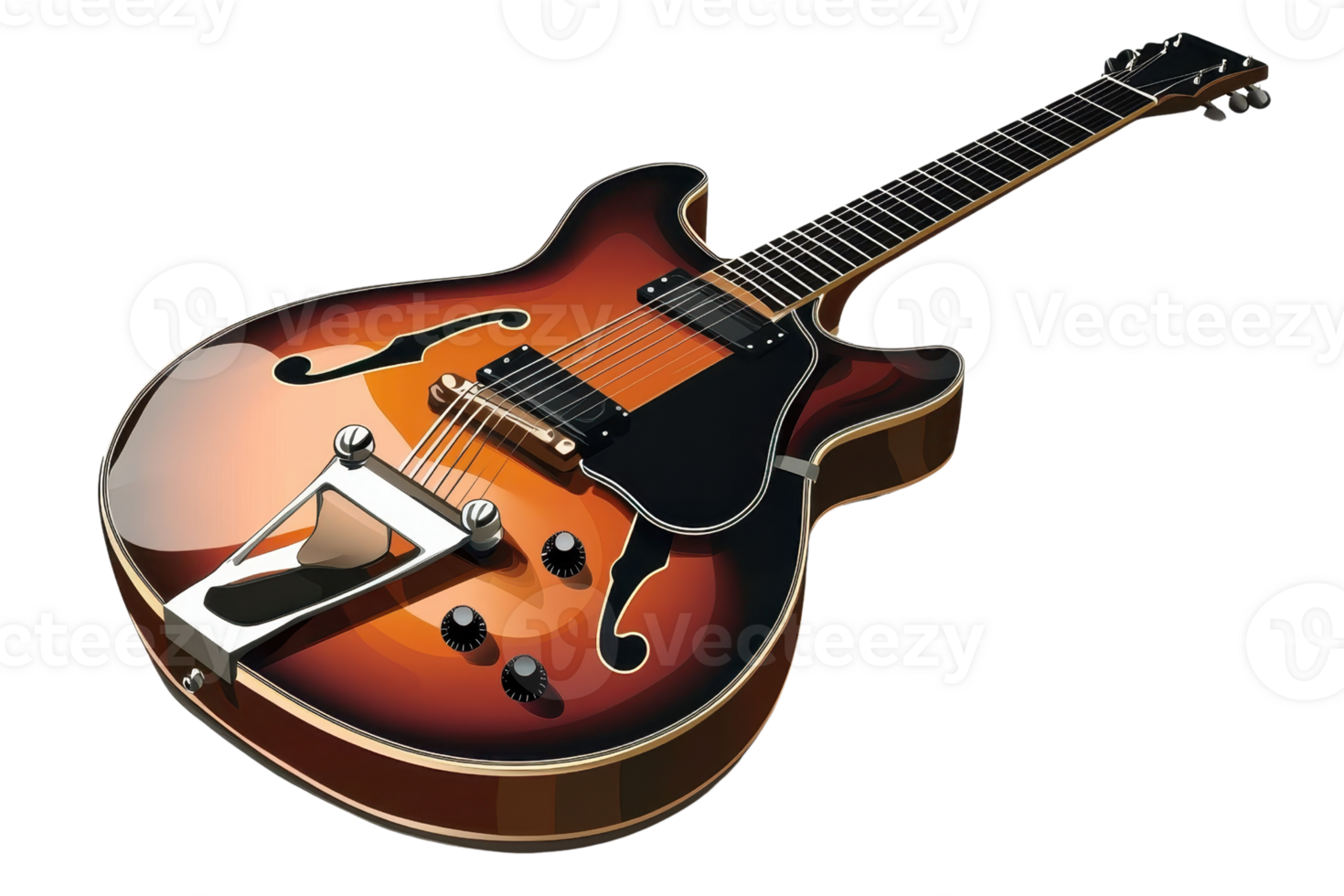 A beautifully crafted electric guitar featuring a sunburst finish and elegant curves, showcasing its vintage design and intricate details. png
