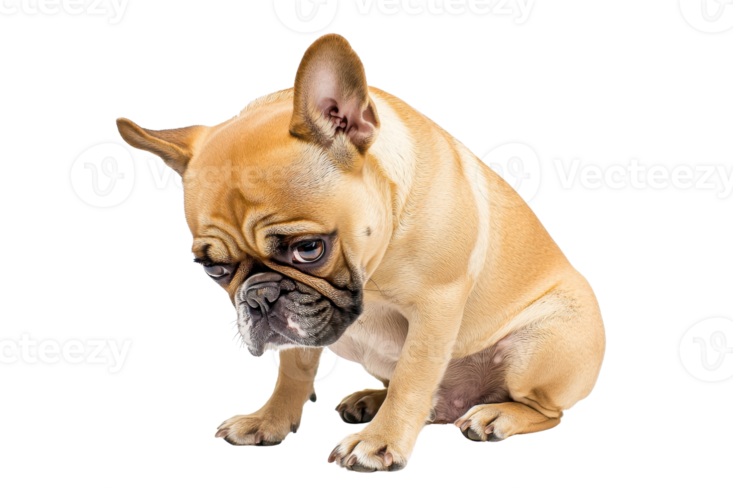 A small, sad-looking French Bulldog with a fawn coat sits in a relaxed position, showcasing its distinctive wrinkled face and large ears. png