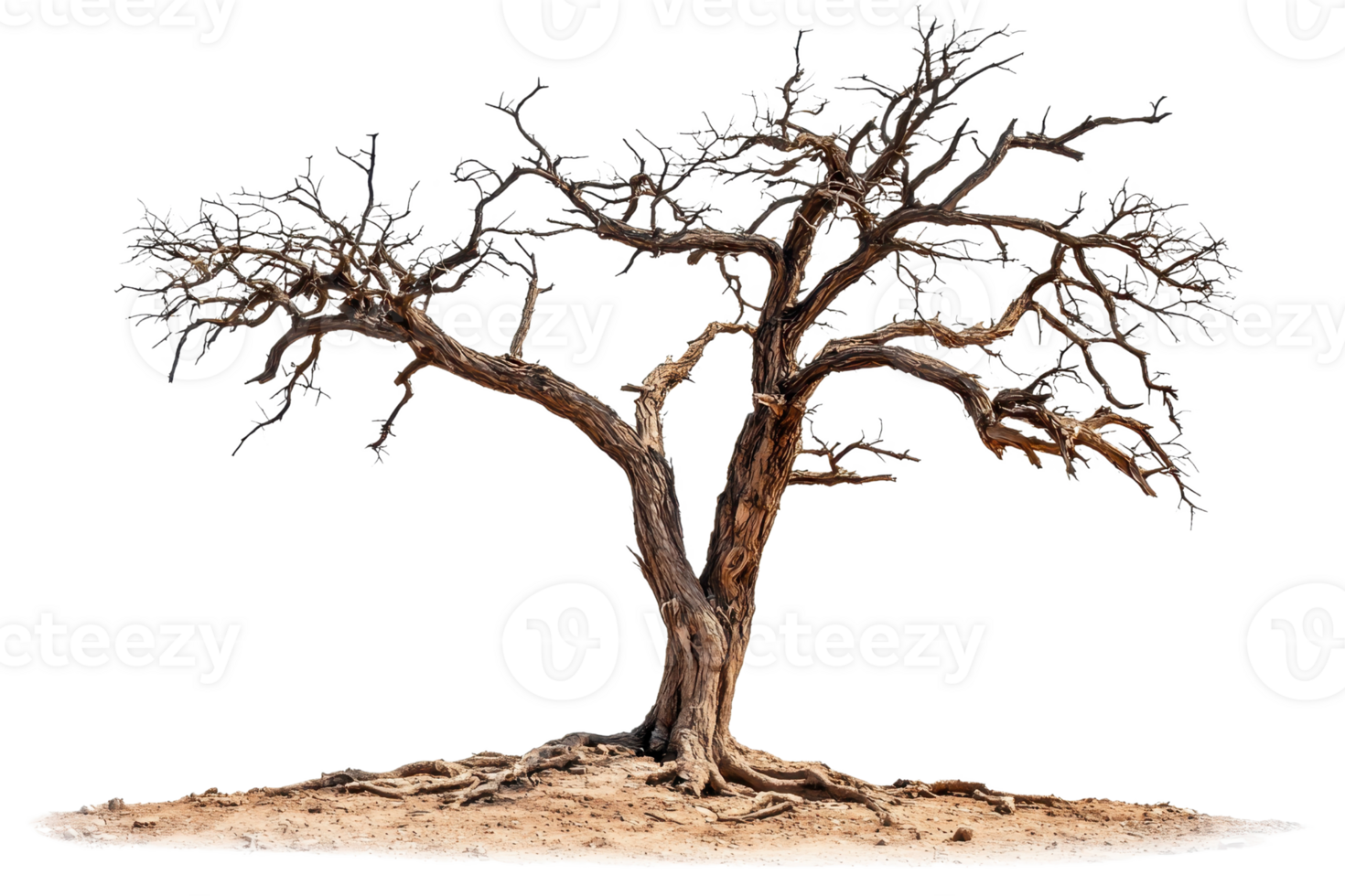 A gnarled tree with twisted branches and exposed roots, showcasing intricate textures and a striking natural form. png