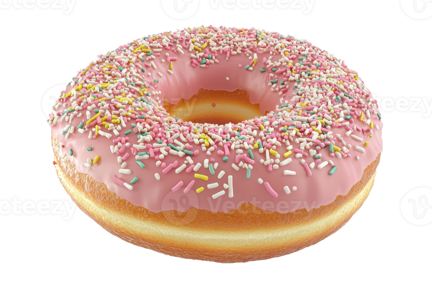 A pink frosted donut topped with colorful sprinkles, featuring a fluffy texture and a classic ring shape. png
