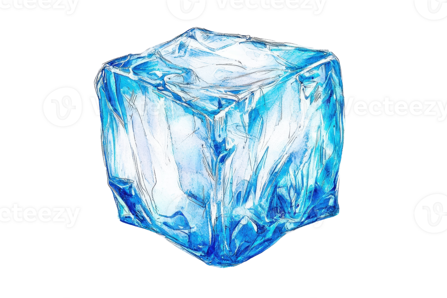 A clear ice cube with distinct facets and a bluish tint, showcasing crystalline textures and reflections. png