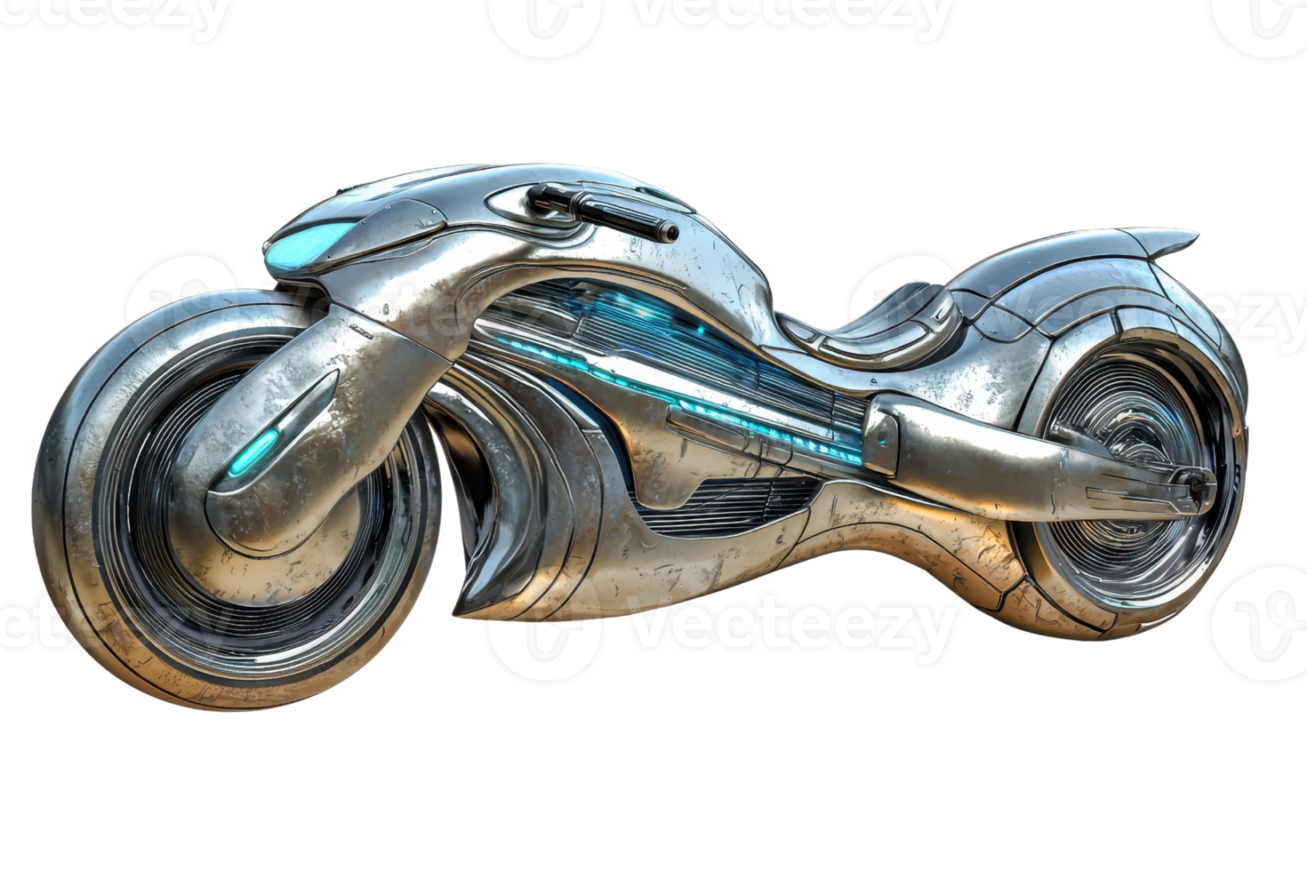A futuristic motorcycle with a sleek metallic design and glowing accents, showcasing advanced engineering and an aerodynamic shape. png