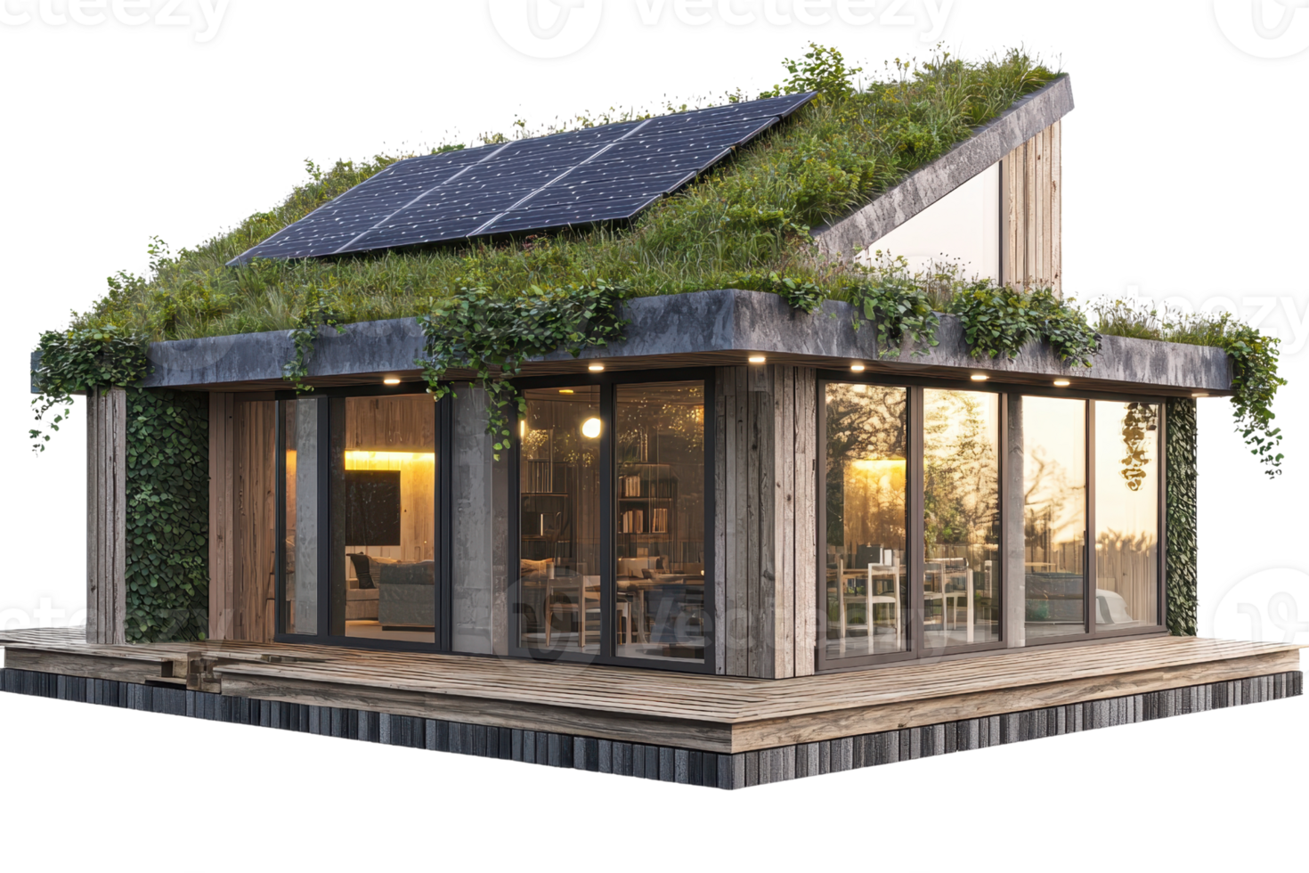A modern, eco-friendly house with a green roof, large glass windows, and solar panels, showcasing sustainable design and natural elements. png