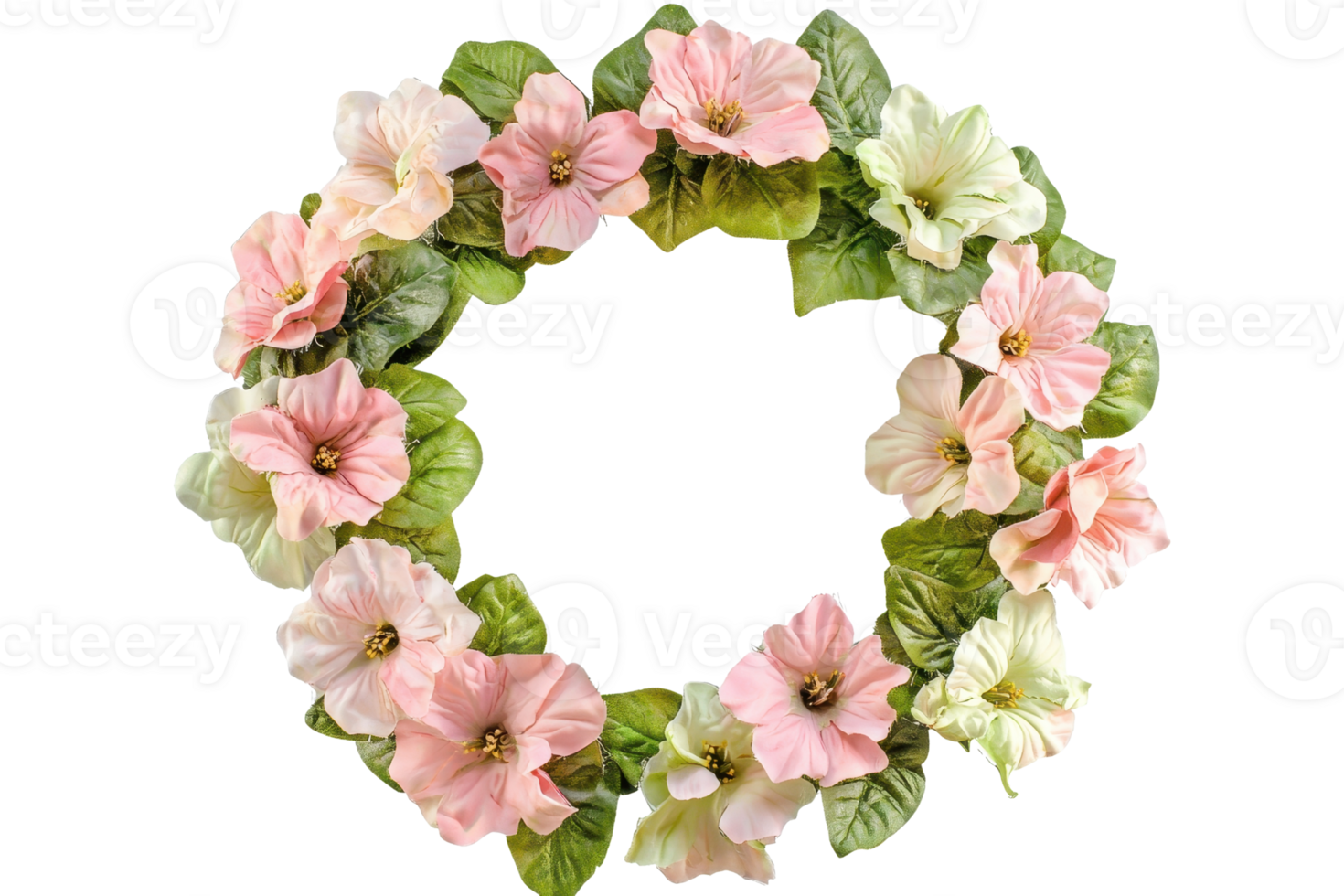 A decorative floral wreath composed of soft pink and white flowers surrounded by green leaves. png