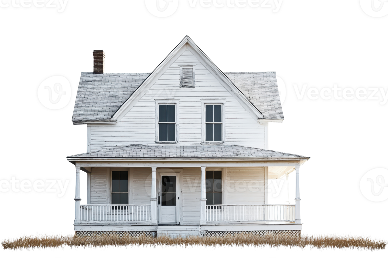 A classic white wooden house with a sloped roof, featuring multiple windows and a front porch. png