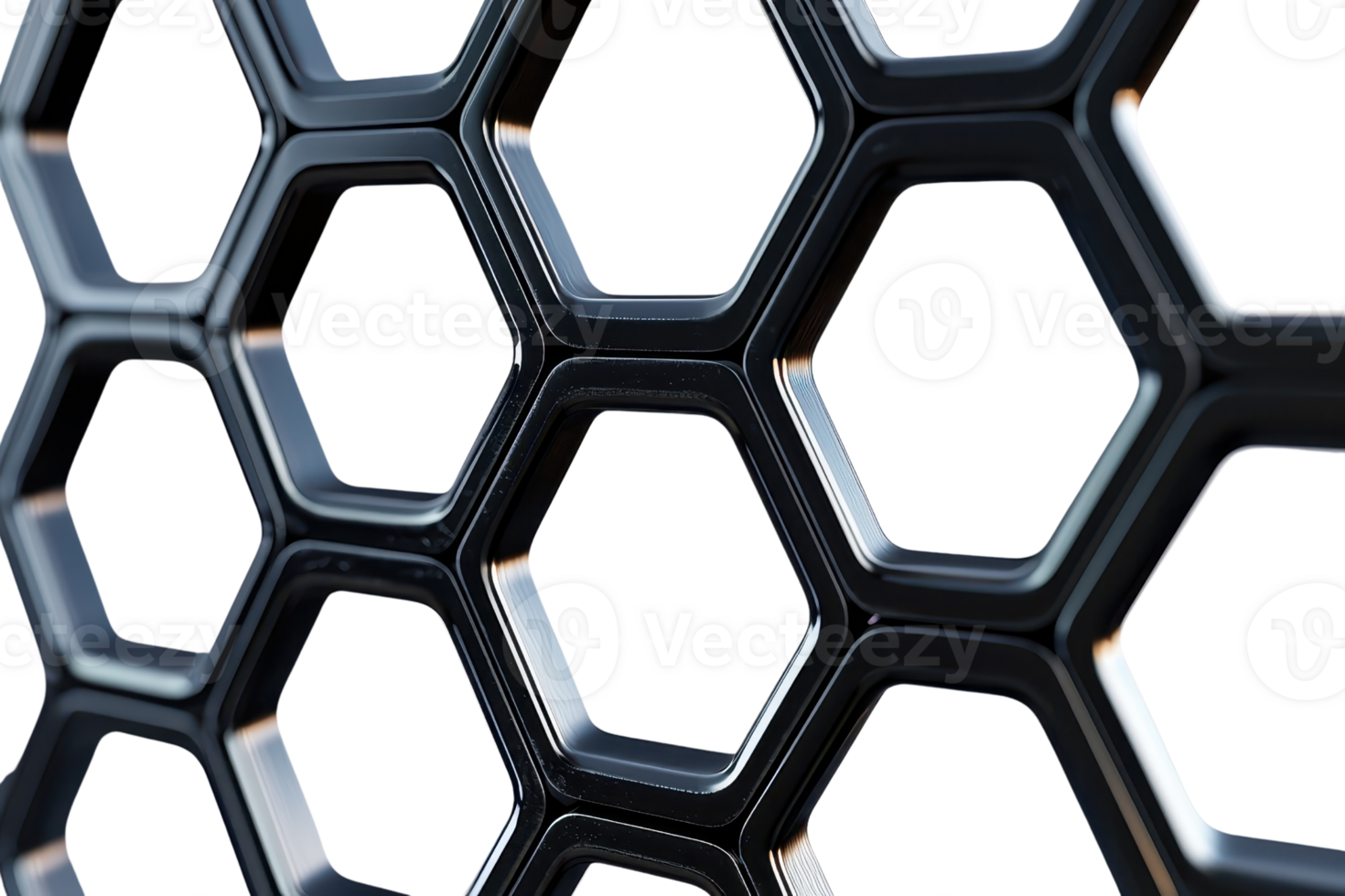 A close-up view of a hexagonal grid pattern, showcasing shiny, black surfaces with distinct geometric shapes. png
