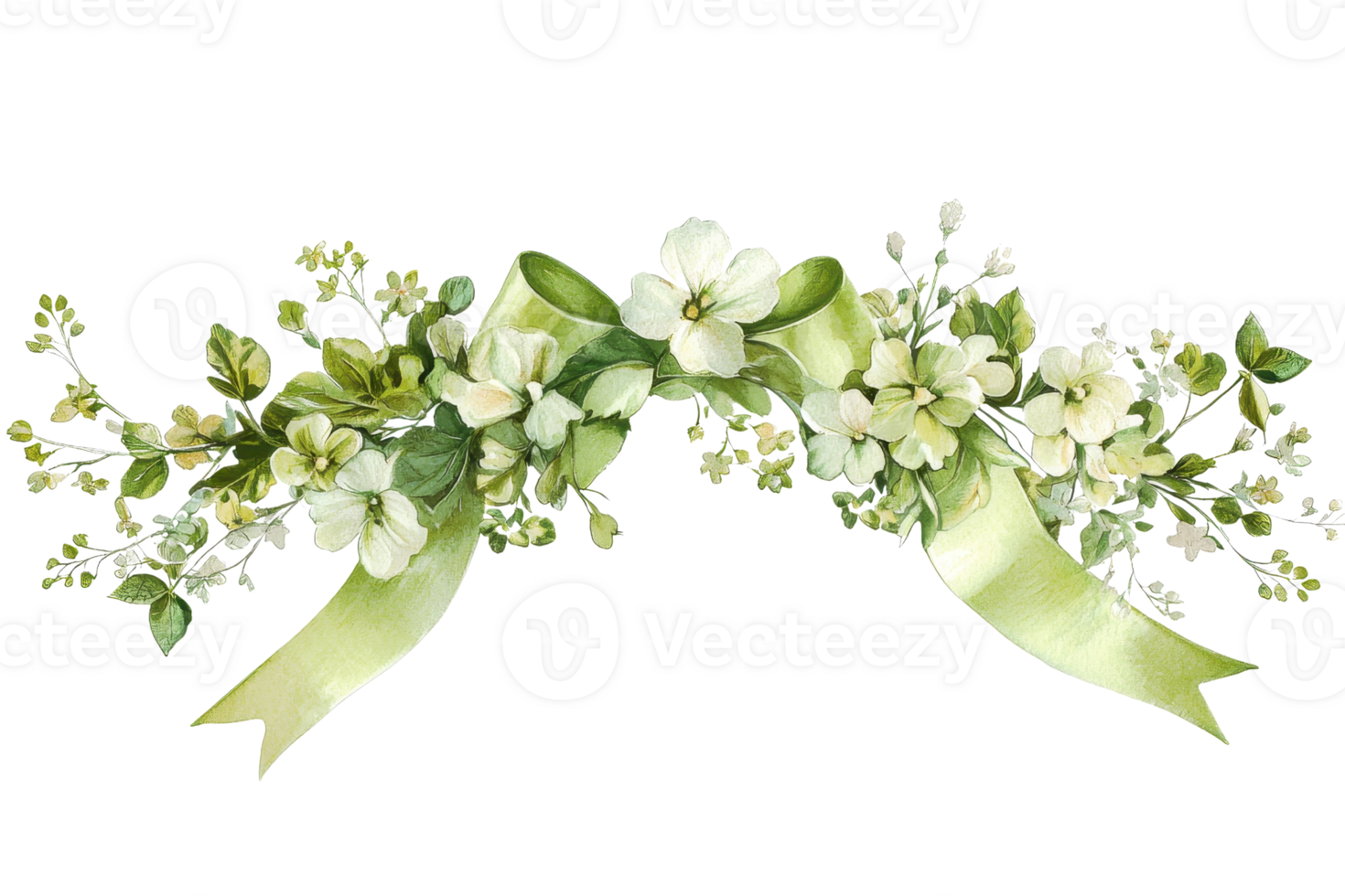 A decorative arrangement featuring white flowers and green leaves, tied together with a soft green ribbon. png