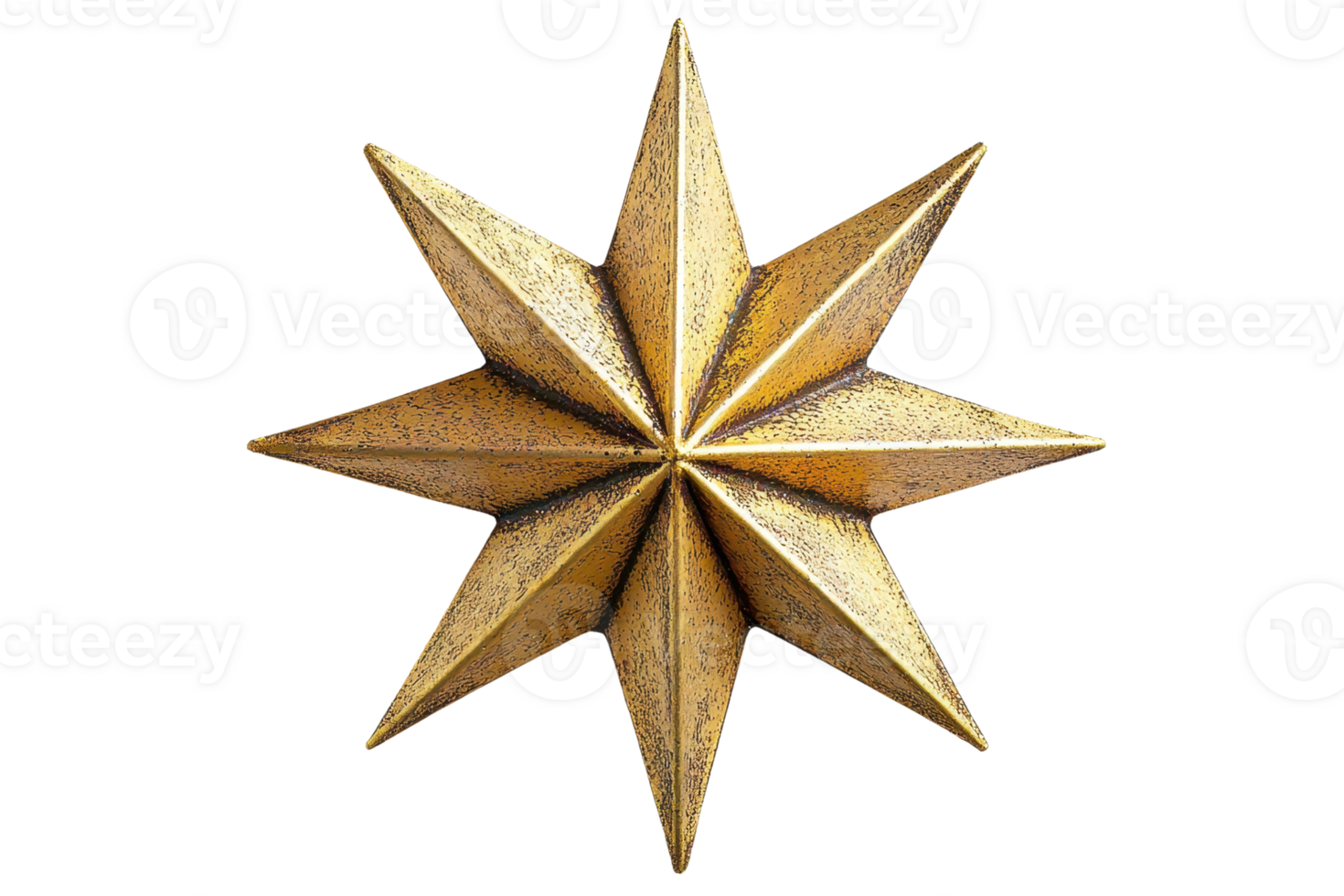 A golden eight-pointed star with sharp, angular edges, showcasing intricate texturing and a three-dimensional appearance. png