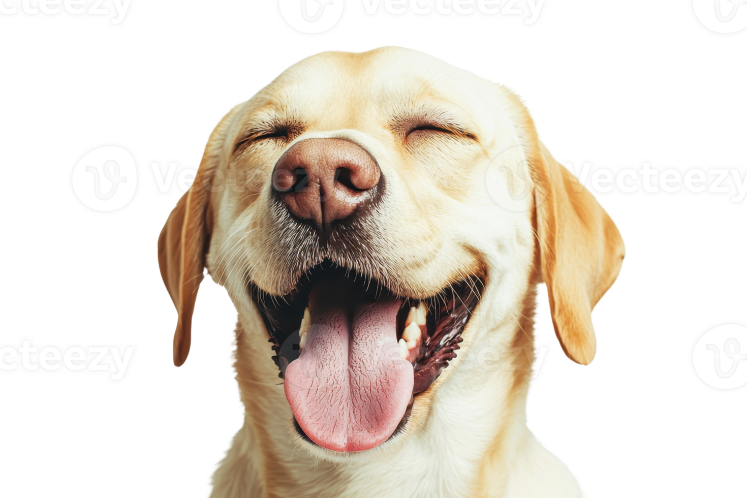 A joyful Labrador retriever with a wide smile and closed eyes, showcasing its friendly and playful demeanor. png