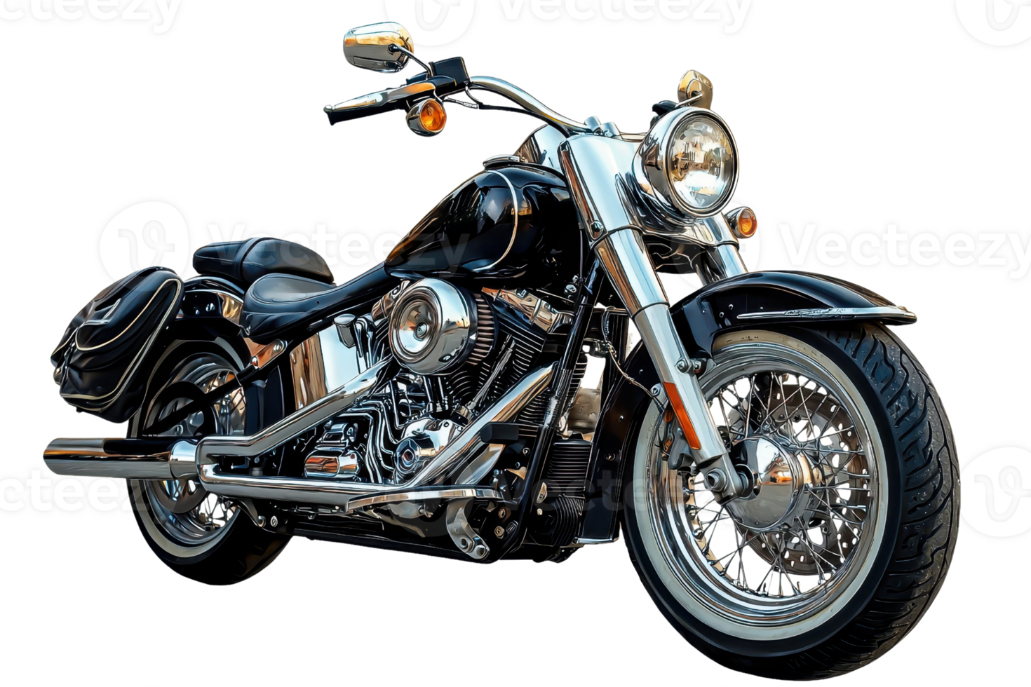 A sleek, chrome-detailed motorcycle with a classic design and prominent features, showcasing its powerful presence and craftsmanship. png