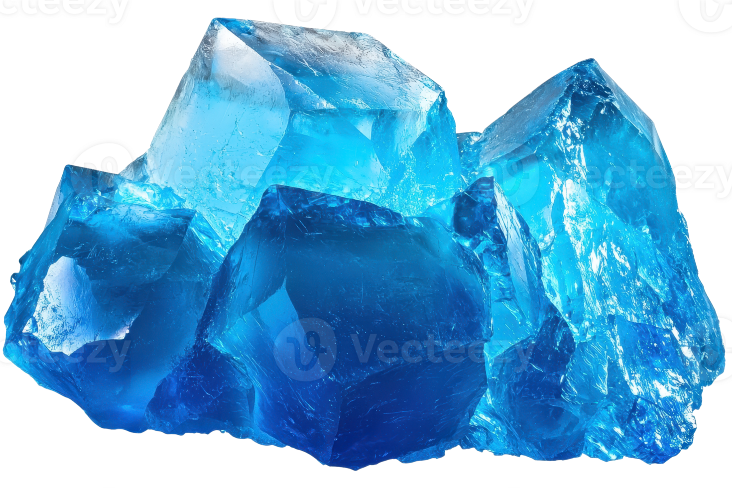 A cluster of vibrant, blue crystalline formations showcasing various shapes and facets that catch the light. png