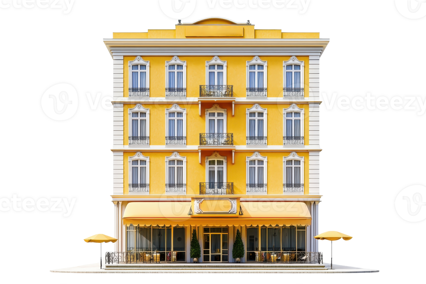 A vibrant yellow hotel building featuring multiple balconies, large windows, and outdoor seating areas. png