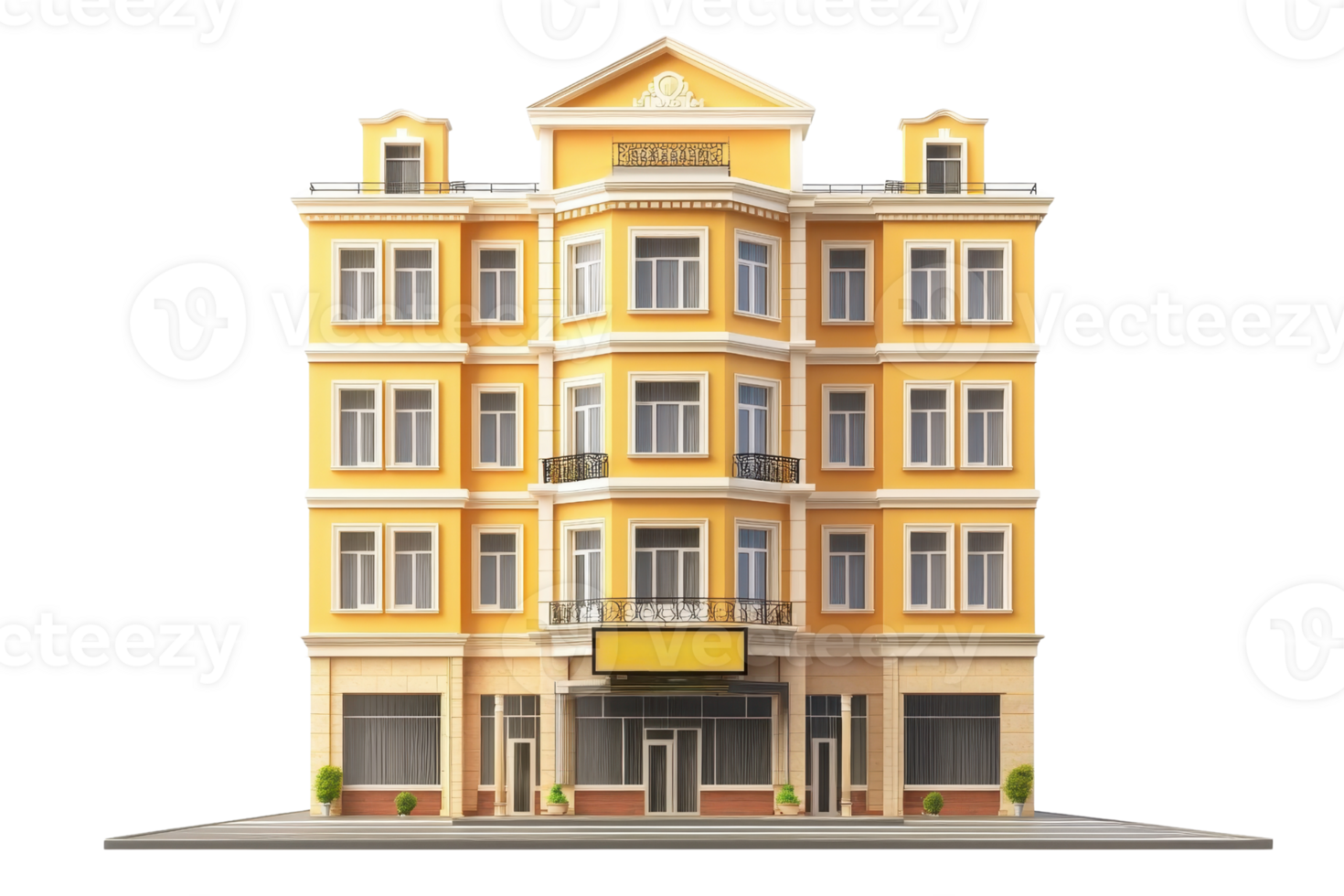 A colorful, four-story building featuring multiple windows and a decorative facade. png