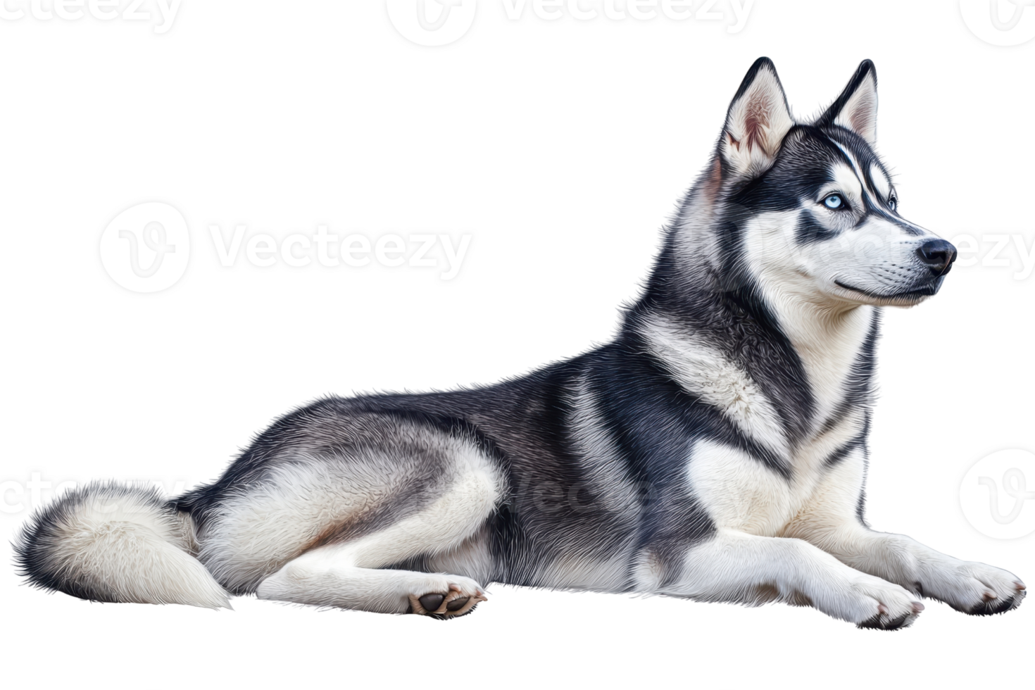 A majestic Husky with striking blue eyes, elegantly lying down, showcasing its thick fur and strong physique. png