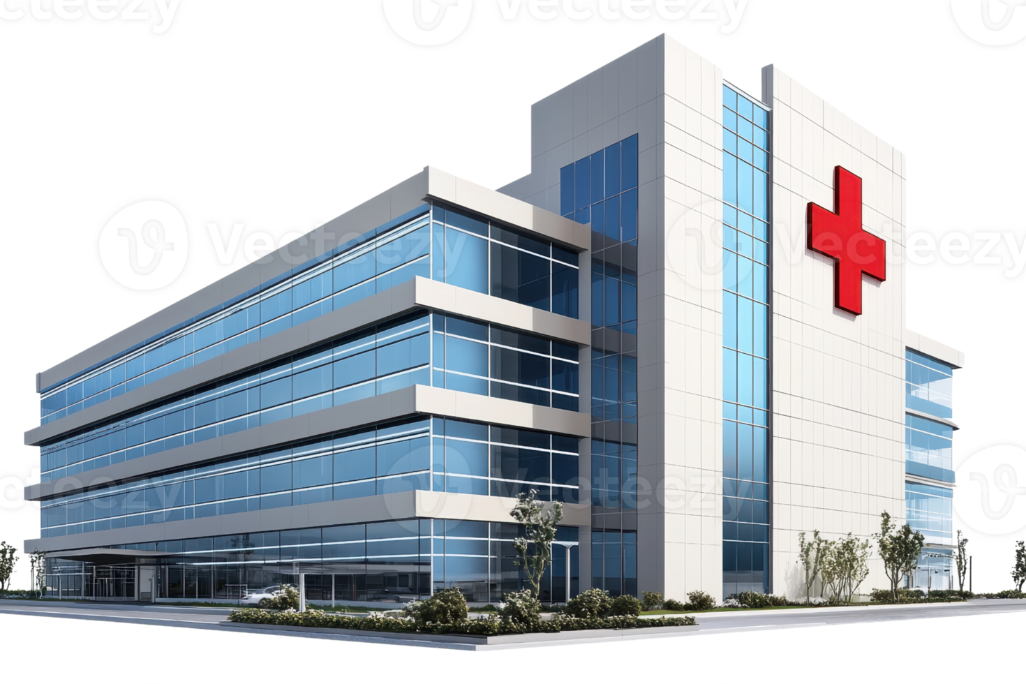 A modern healthcare facility featuring large glass windows and a prominent red cross symbol on its facade. png