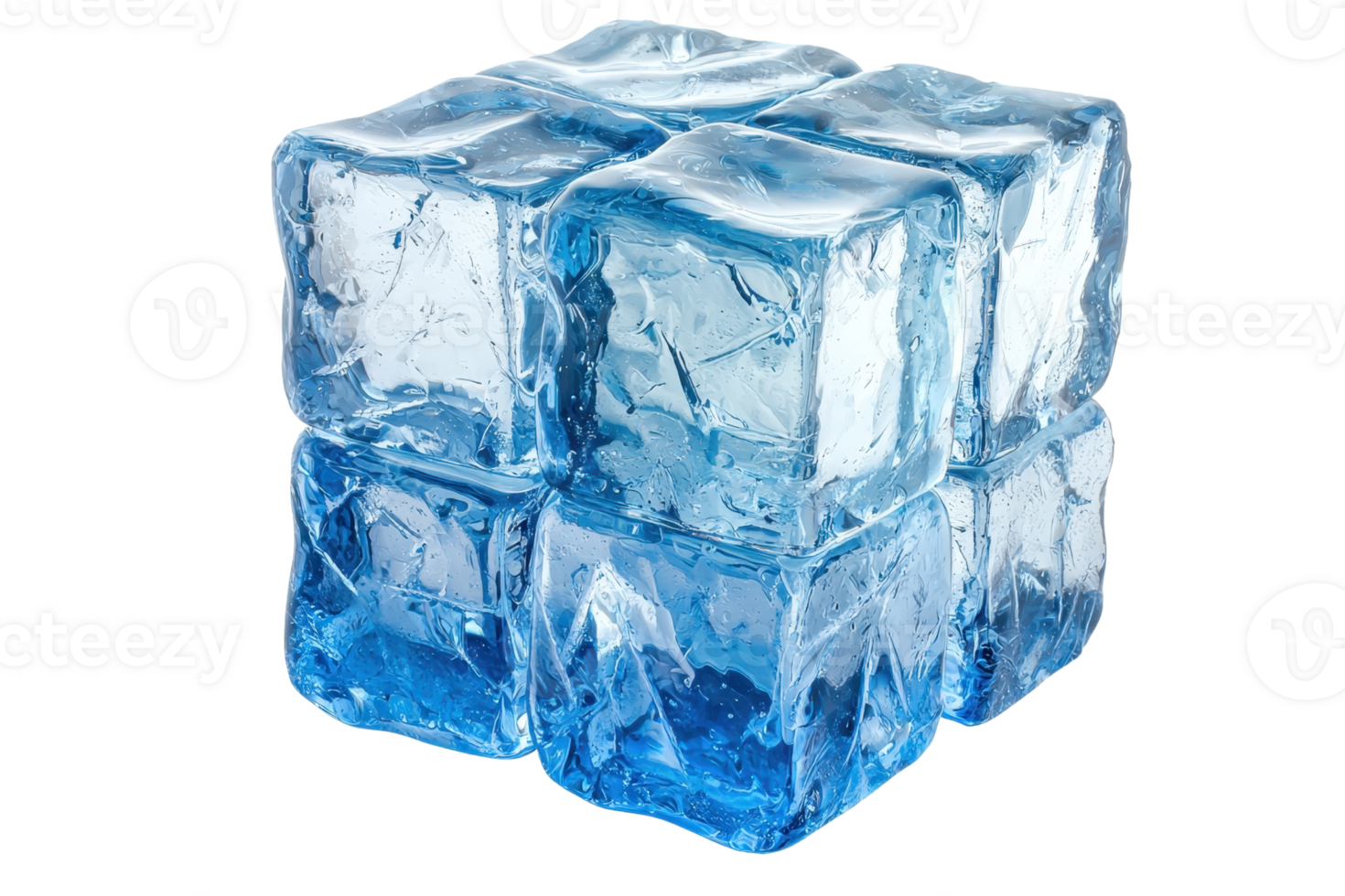 A set of ice cubes stacked together, showcasing their crystalline structure and blue tint. png