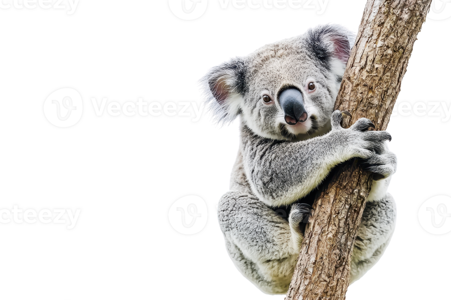 A koala clings to a tree trunk, showcasing its distinct fur and expressive features, embodying the charm of Australian wildlife. png
