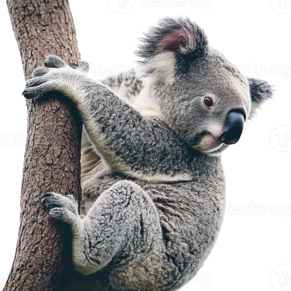 A koala clings to a tree trunk, showcasing its distinctive features and fur texture. png