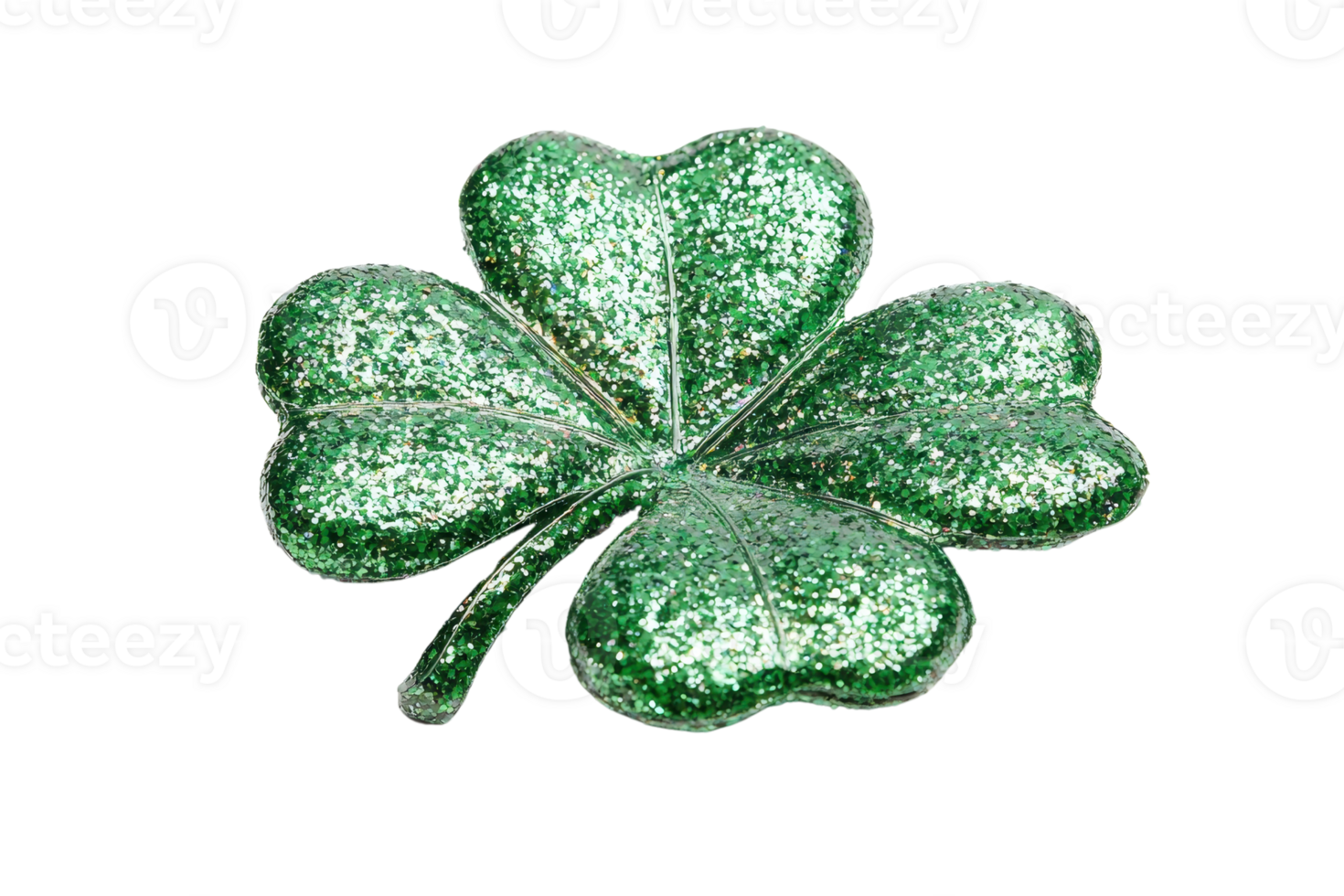A sparkling green four-leaf clover, symbolizing luck and good fortune, glimmers with glittery texture. png