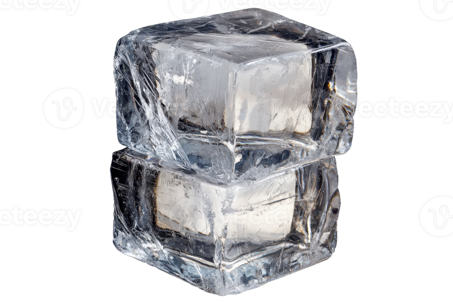 Two ice cubes stacked, showcasing their crystalline structure and clarity. png