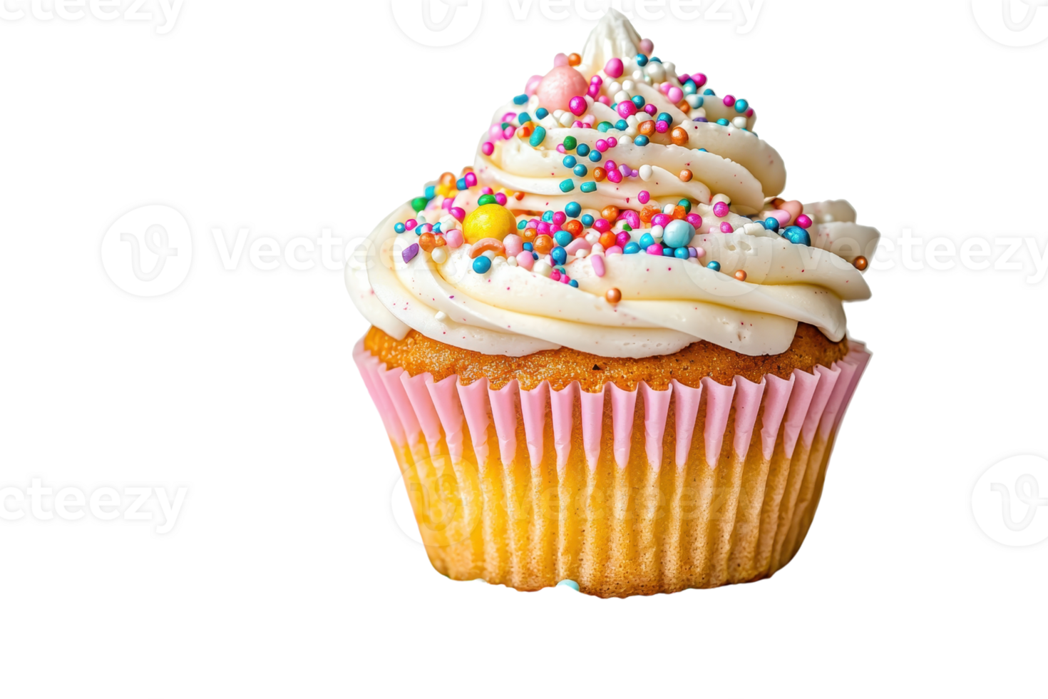 A delectable cupcake topped with creamy frosting and colorful sprinkles, showcasing a golden base and pink wrapper. png