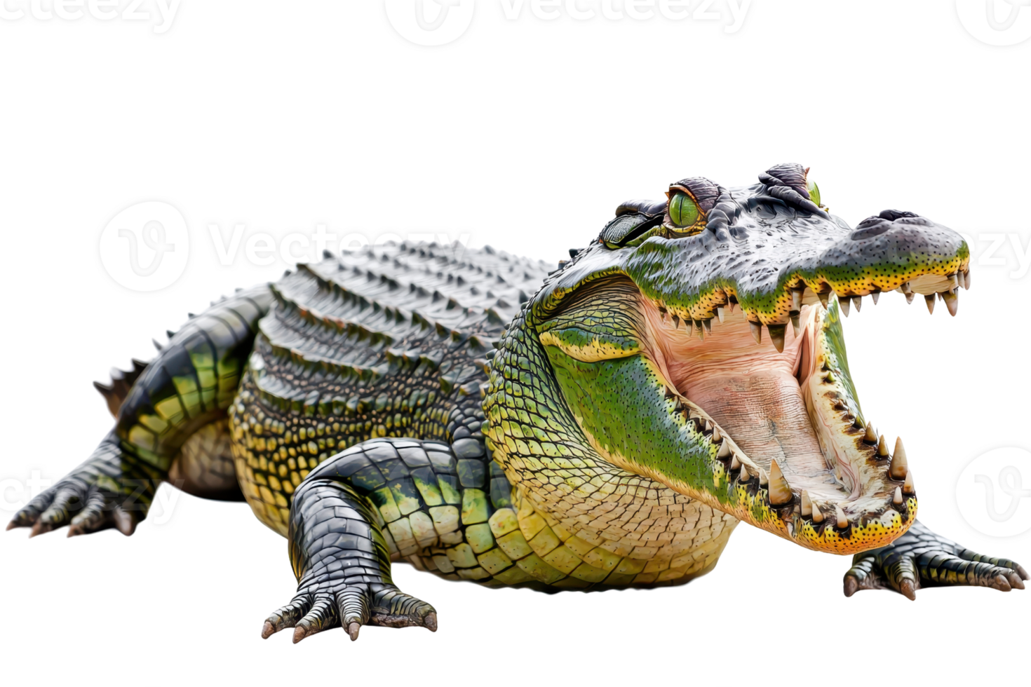 A large, fierce-looking crocodile with its mouth wide open, showcasing sharp teeth and textured skin. png