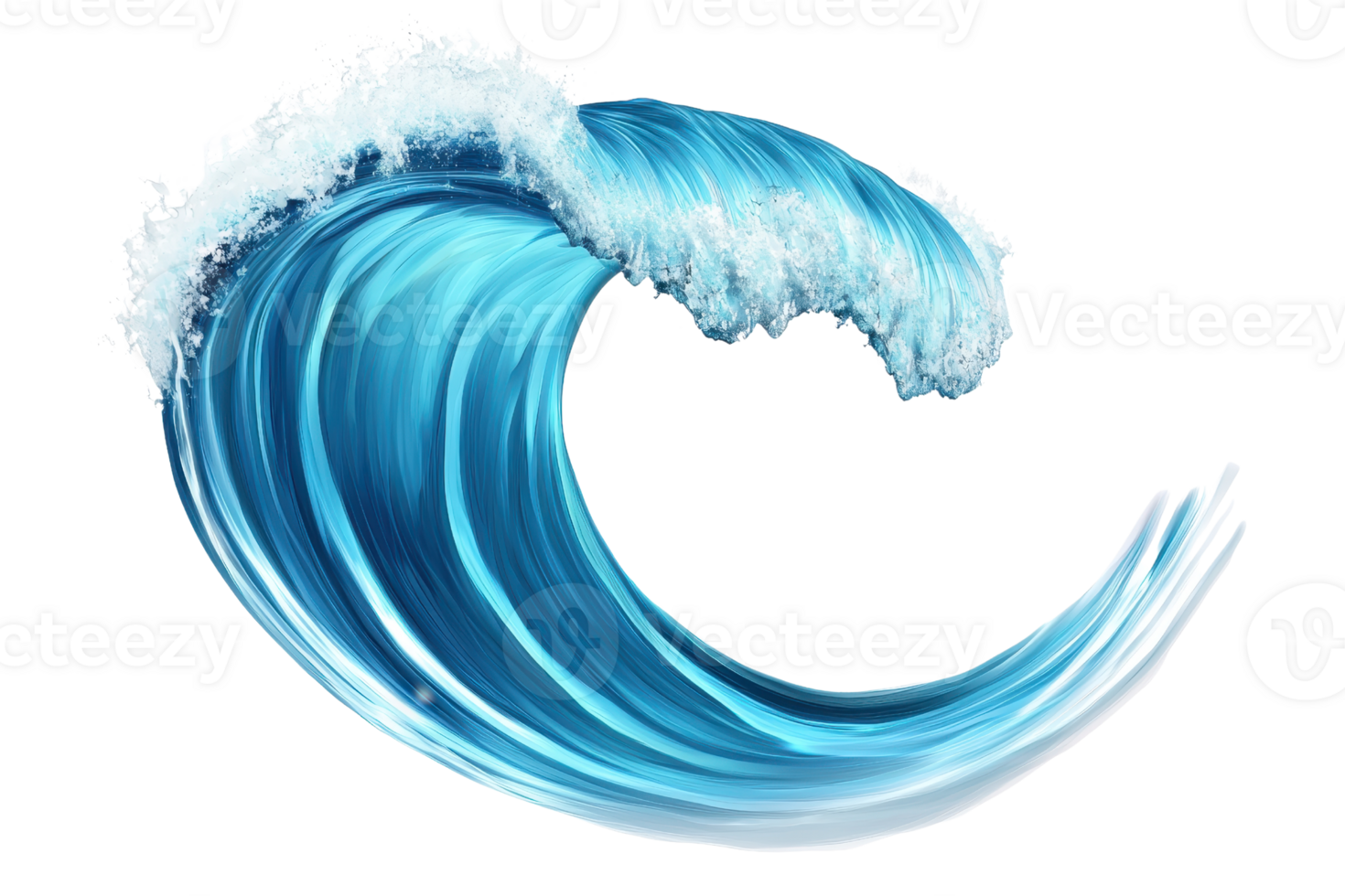 A dynamic, curling wave with vibrant blue hues and foamy white crest, capturing the essence of ocean motion. png