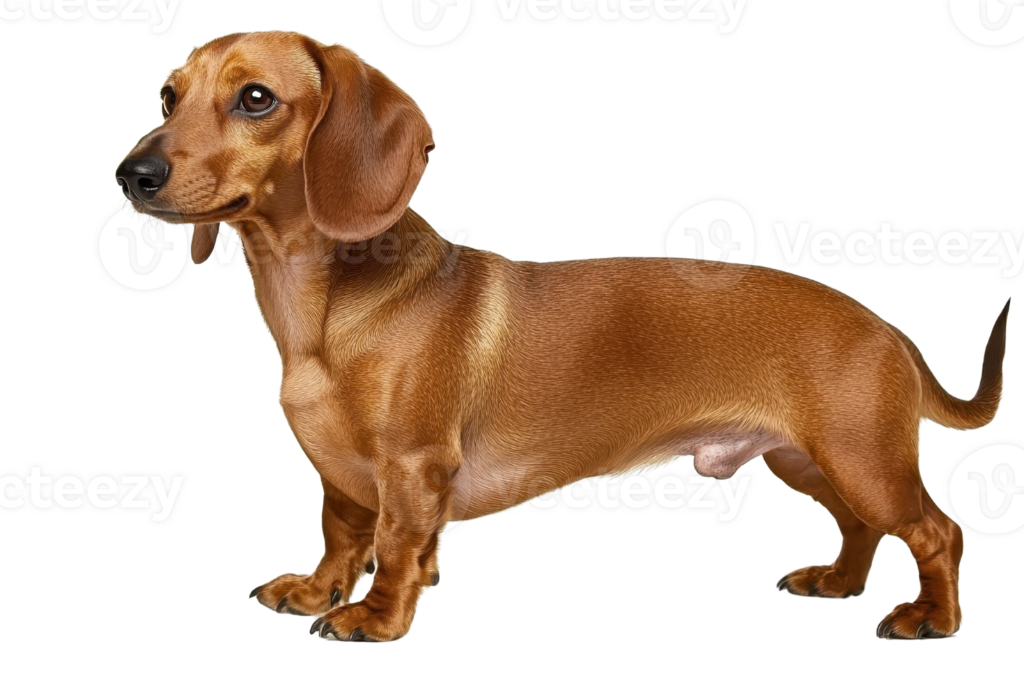 A small, slender dachshund with a smooth, reddish-brown coat, standing alert and looking to the side. png