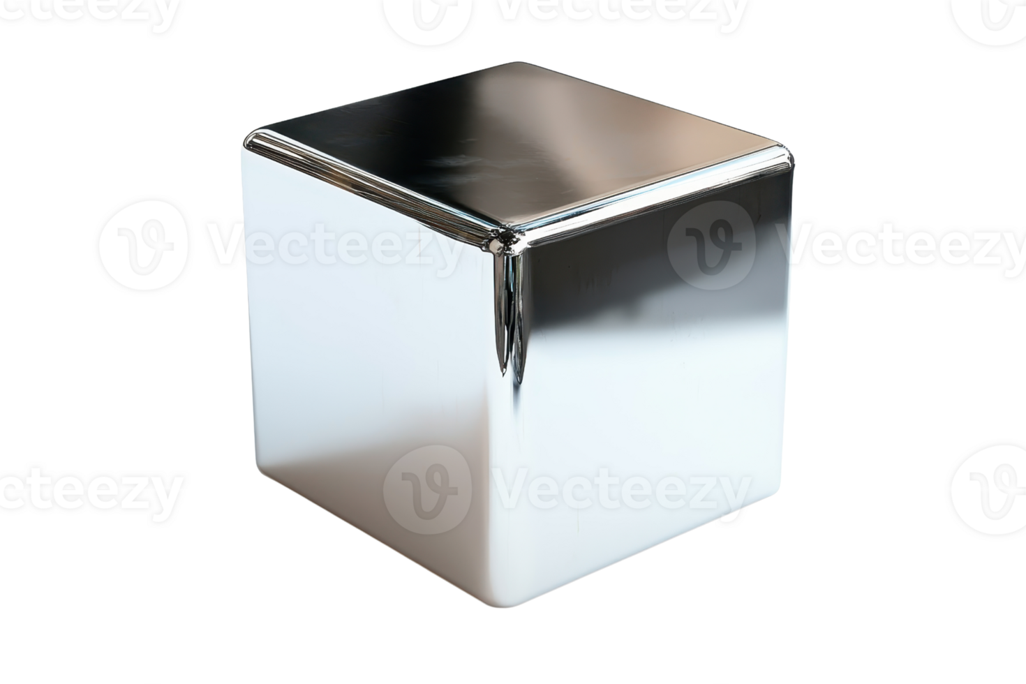 A shiny, metallic cube reflecting light, showcasing its smooth surface and geometric shape. png