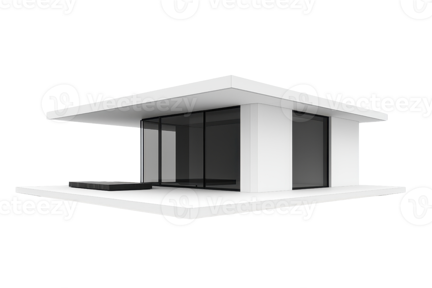 A modern, minimalist architectural structure featuring large glass windows and a flat roof design. png