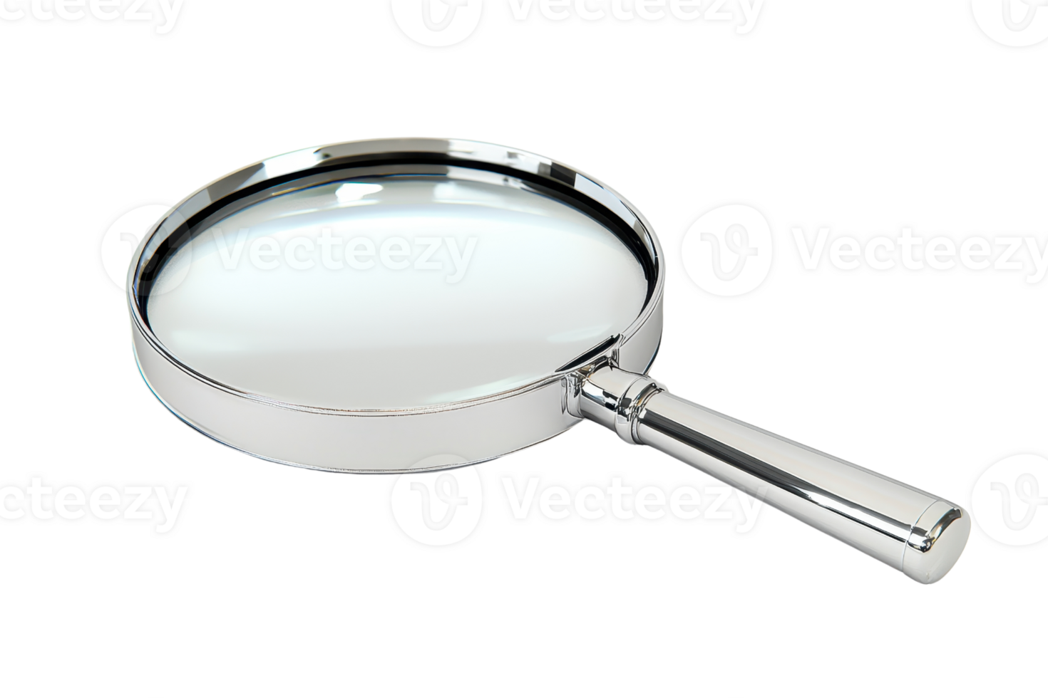 A sleek magnifying glass with a shiny metal frame and a clear lens, perfect for examining fine details. png