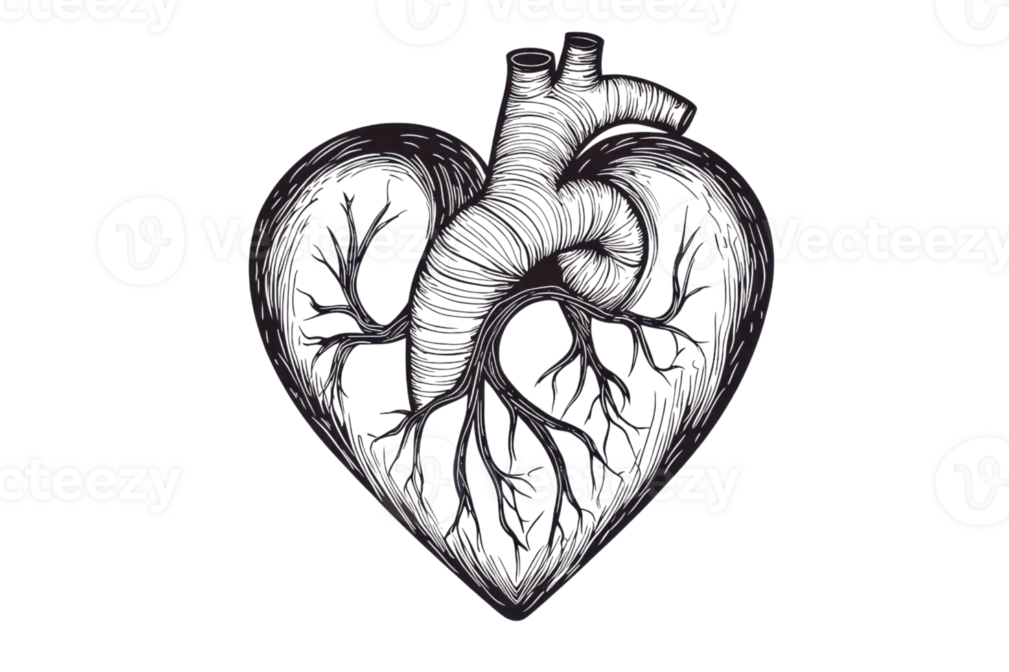 A stylized heart entwined with tree-like roots, representing a blend of anatomy and nature. png