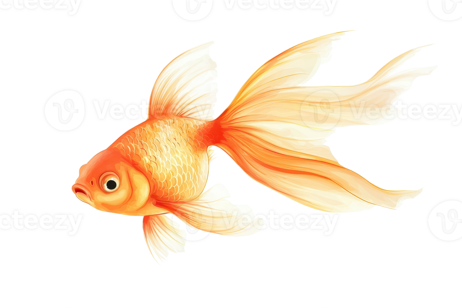 A vibrant goldfish with flowing fins swims gracefully, showcasing its rich orange and white hues. png