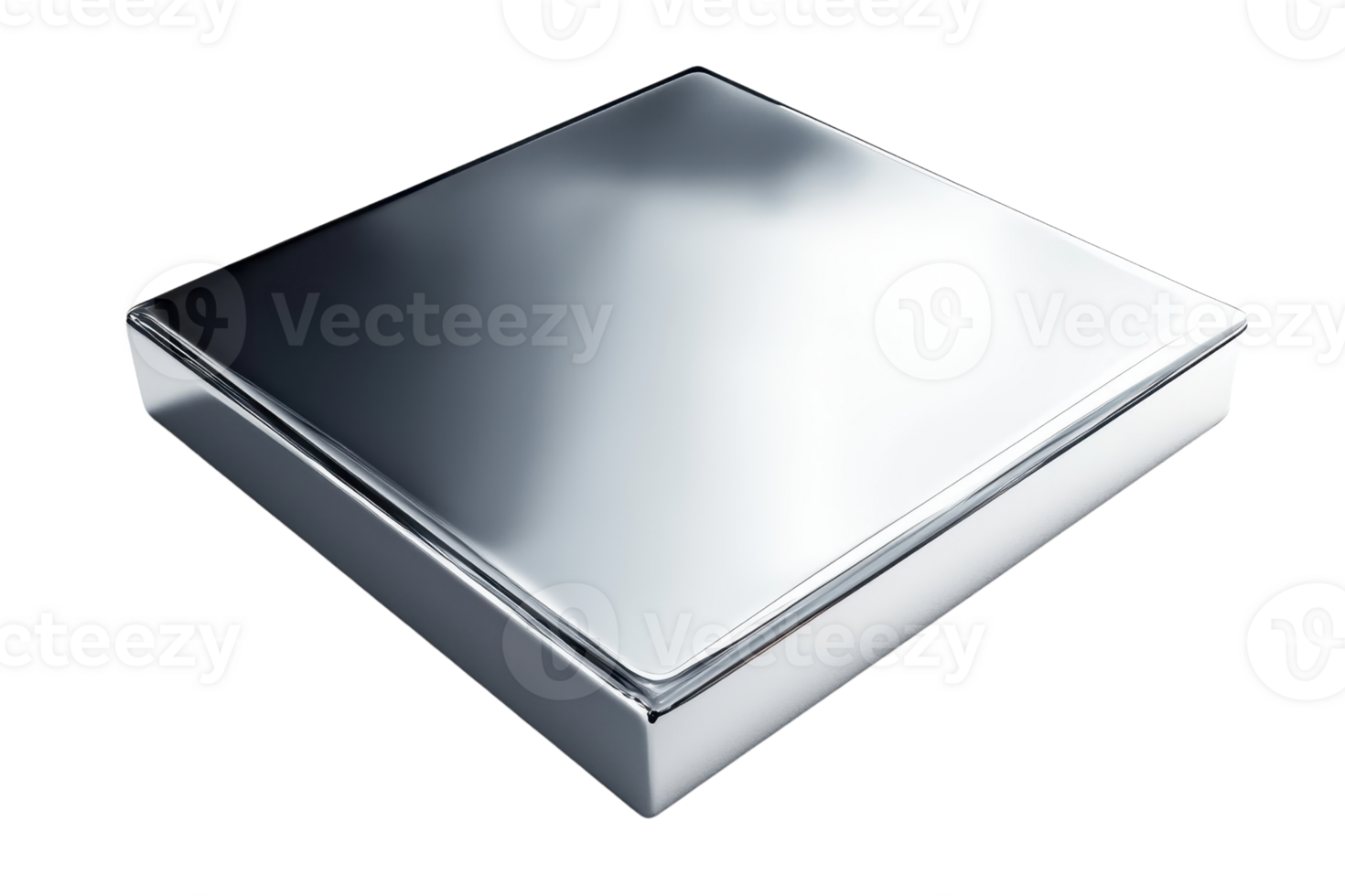 A sleek, reflective metal box with a smooth surface and sharp edges, exhibiting a minimalist design. png