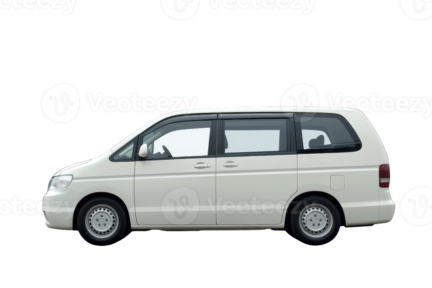 A white minivan showcasing a side profile with distinct sliding doors and standard wheels. png