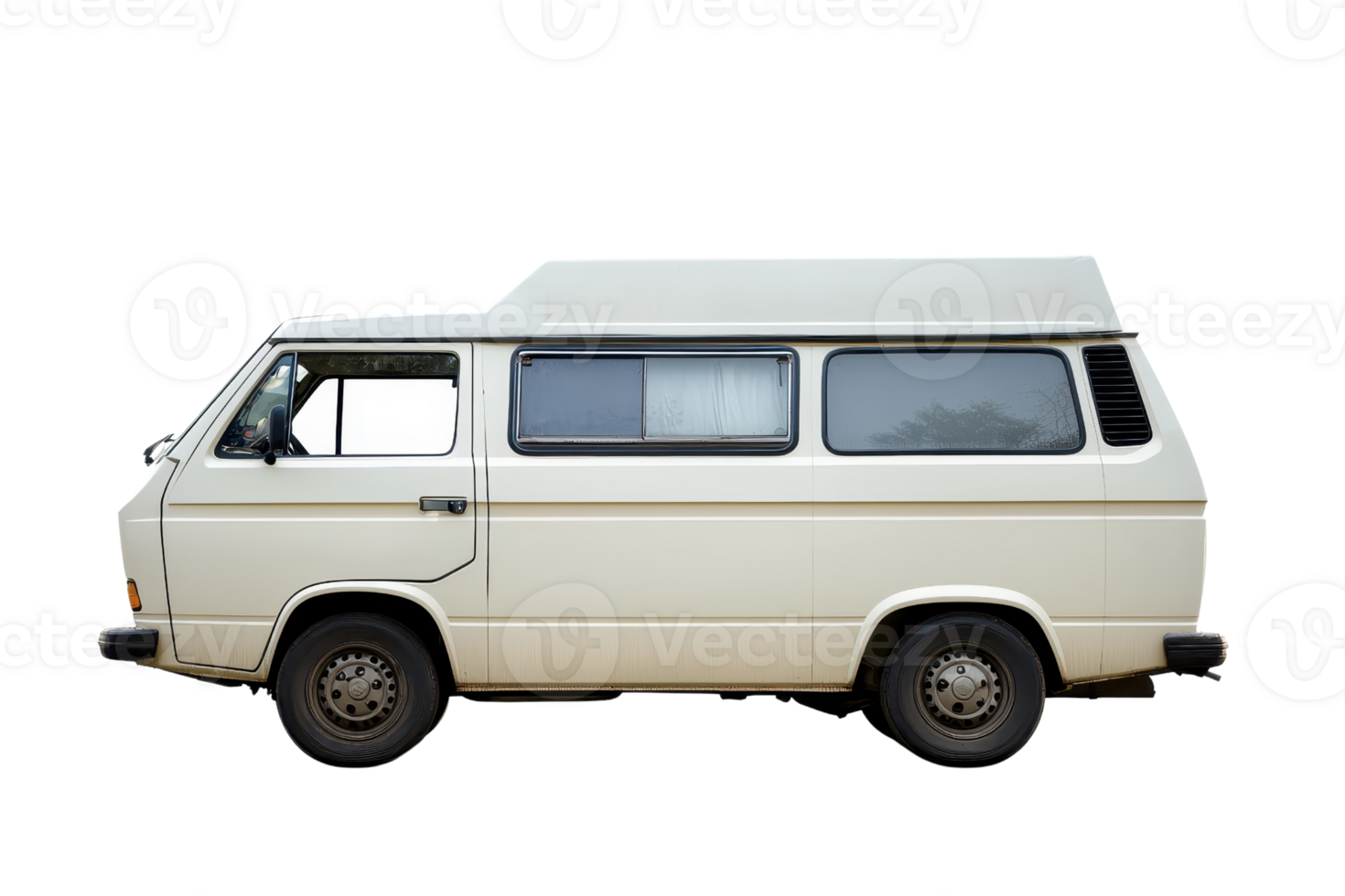 A vintage van with a high roof, featuring multiple windows and a classic design. png