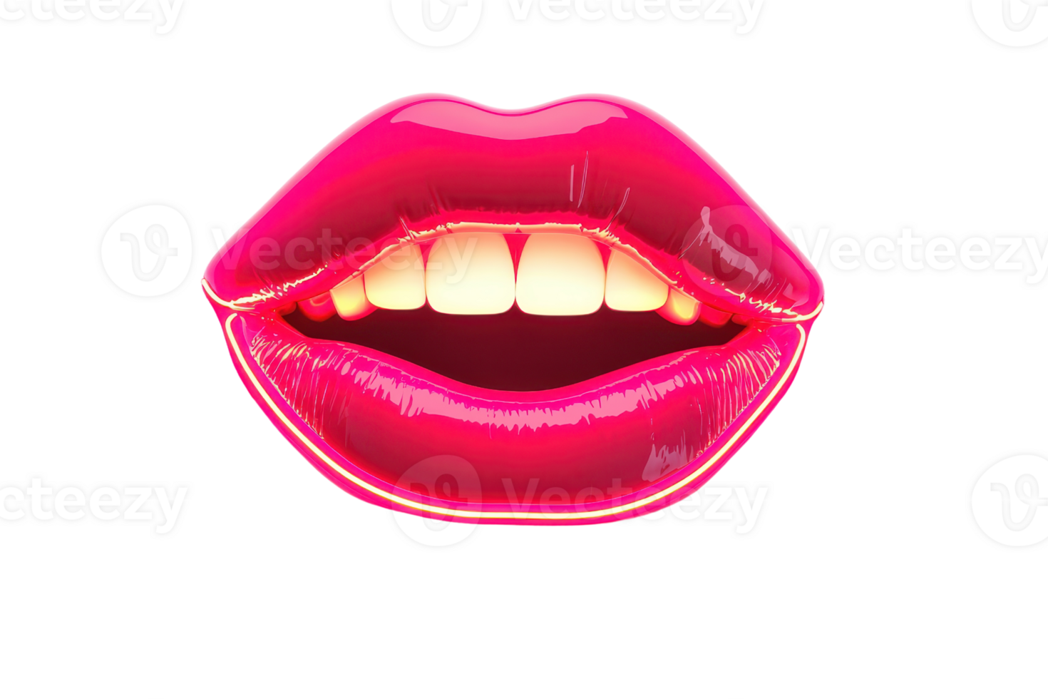 A vivid depiction of glossy, bright pink lips partially open, showcasing white teeth. png